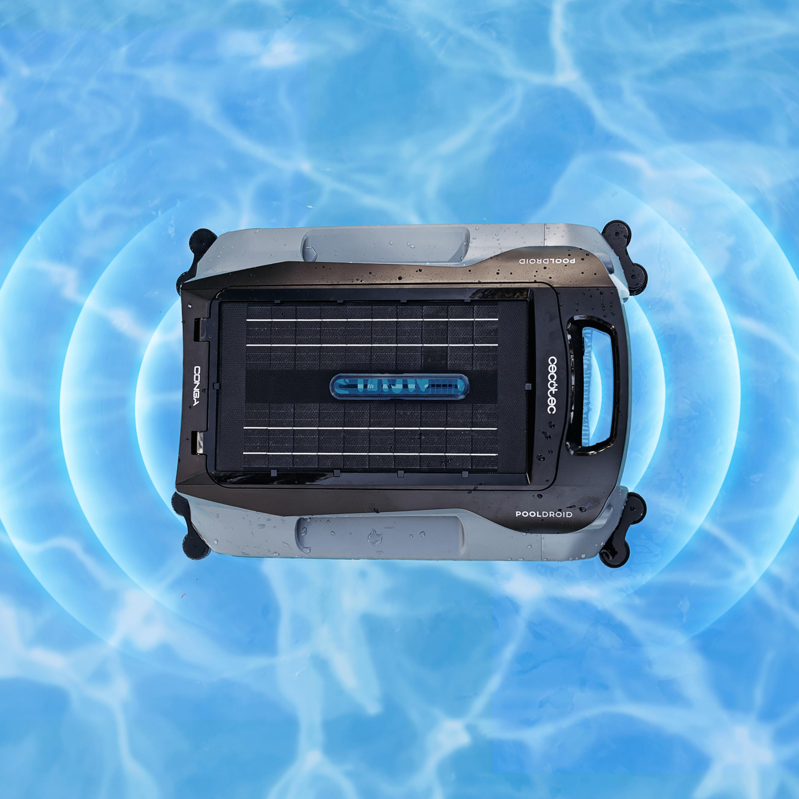 Cecotec Robot Pulitore Piscina Senza Fili Conga Pooldroid AquaSkater, Per Superficie e Linea di Galleggiamento, Carica Solare, Autonomia 16h, Cestello 4.5L, Filtro da 187.5 μm, Navigazione Sensori
