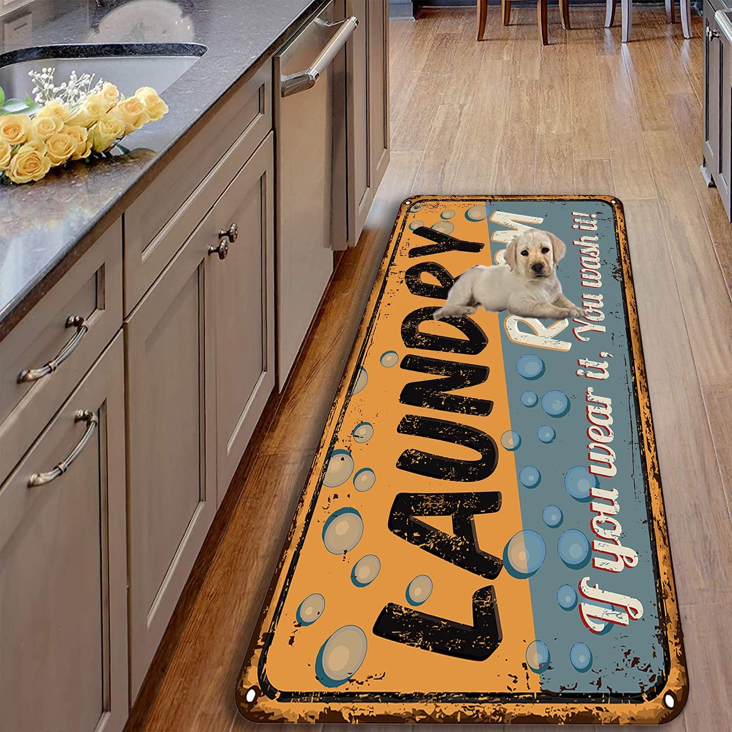 Farmhouse Laundry Room Rug Runner Non Skid Machine Washable Area Rugs Decor for Kitchen, Bath, Washroom Orange Blue（72x24in）