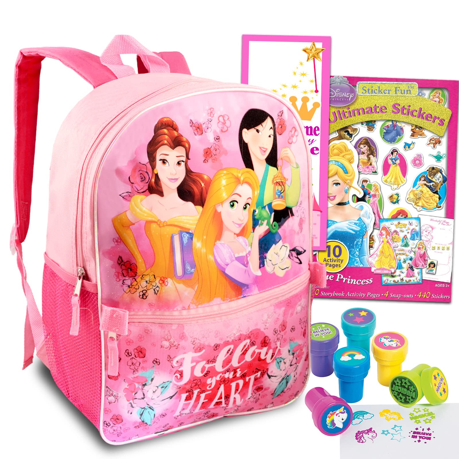 Walt Disney StudioDisney Princess Deluxe Backpack For Girls, Kids ~ 4 Pc Bundle With 16" Princess School Bag, 400+ Stickers, Unicorn Stampers And More (Disney Princess Travel and School Supplies)