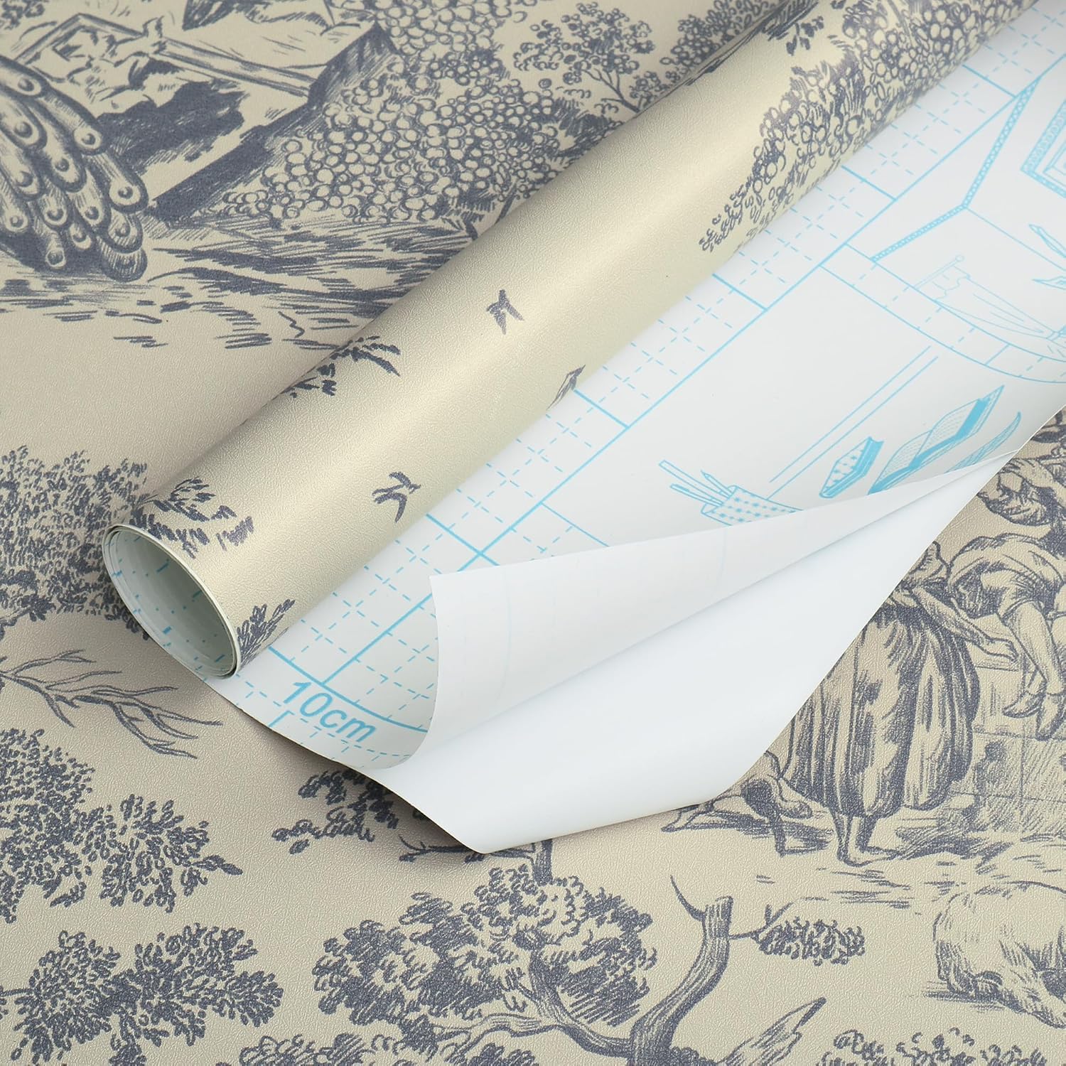 Carta da parati autoadesiva vintage, 41 x 1000 cm, beige e blu, pellicola adesiva con animali, pellicola spessa per mobili, alberi e piante, carta da parati in vinile impermeabile, per camera