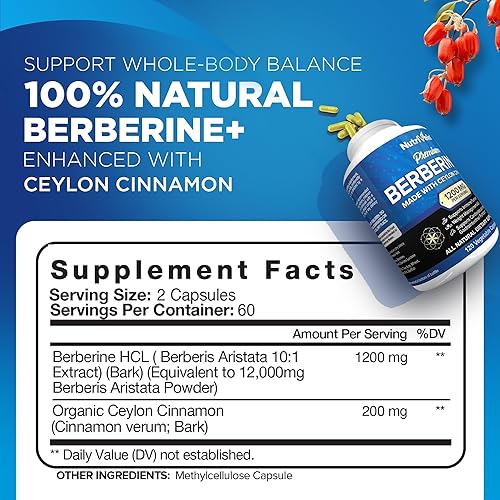 Miniatura 2 de Nutrivein Berberina HCL Premium 1200 mg Plus Organic Ceilán Canela - 120 cápsulas - Apoya el metabolismo de la glucosa el sistema inmunológico el