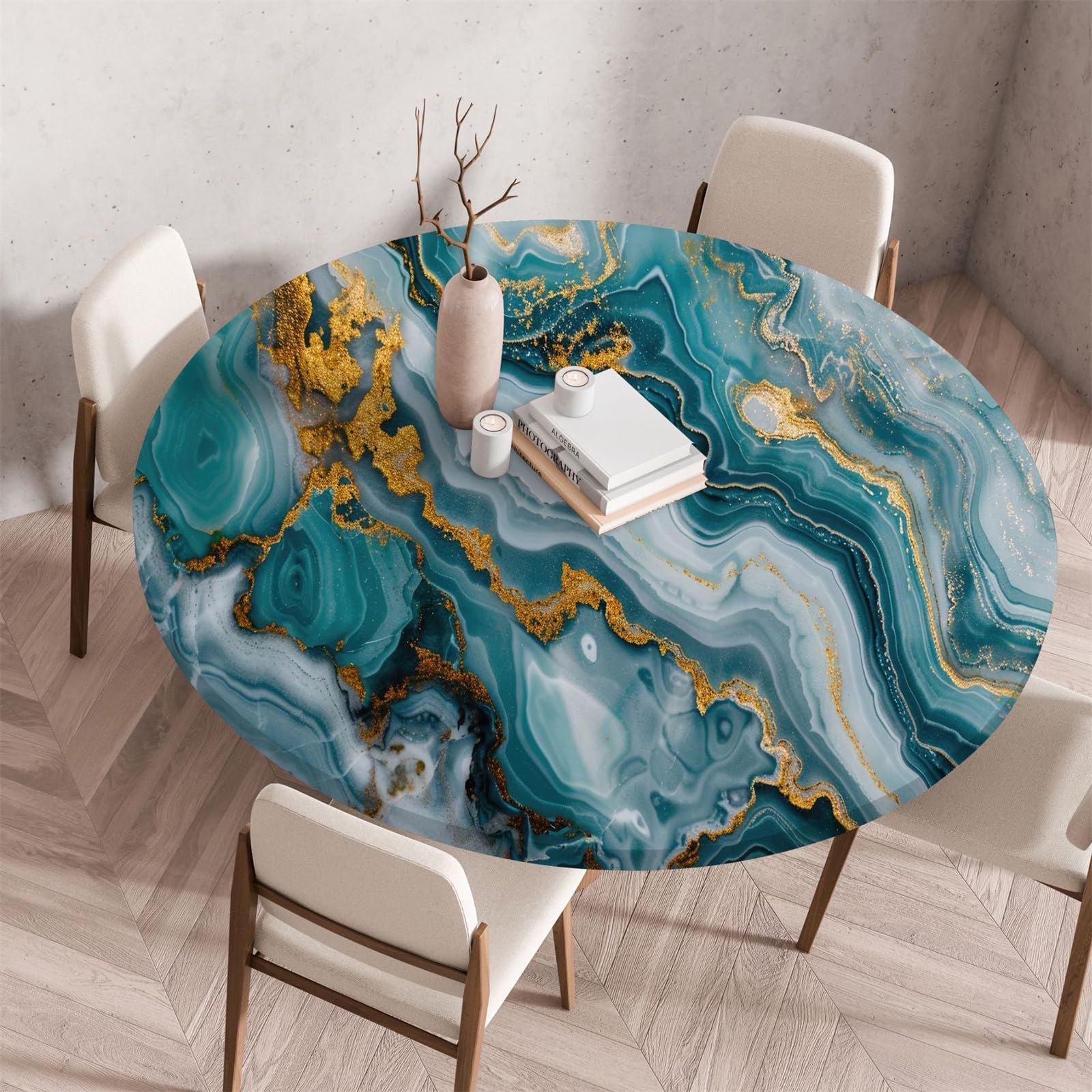 Muiuou Elastic Edged Round Tablecloth,Marble Printing Reusable Wipeable Waterproof Oil-Proof Round Table Cloth Tablecloth,for Dinning Room Kitchen Home Decoration (Diameter 70cm,Marble 5)
