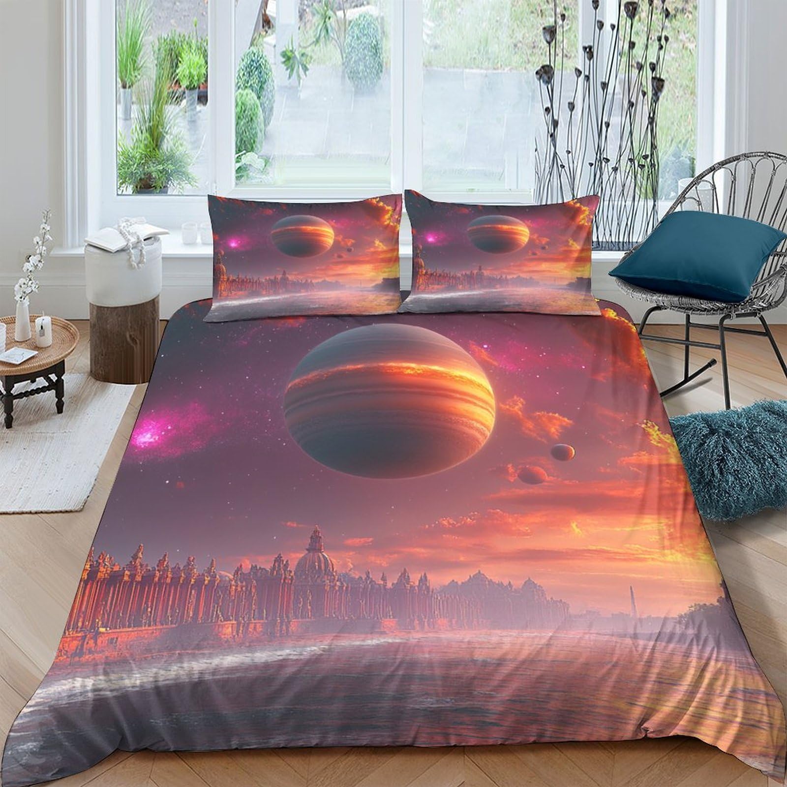 Ctjqhvkz Style-8 3D Printed Sunset Planet Fitted Sheet Microfiber Soft Orange Purple Cosmic Nebula Mattress Cover For Bedroom Decor Single（135X200cm）