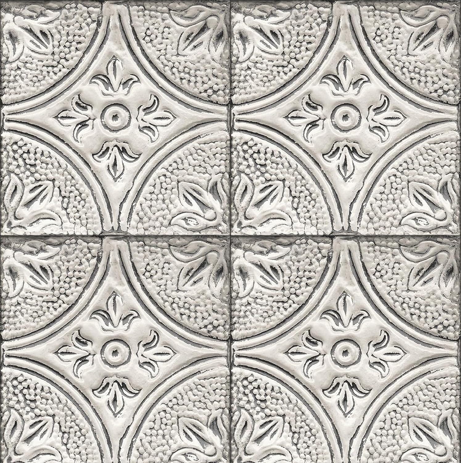 FunStick Old White Tin Tile Wallpaper Peel and Stick Vintage Faux 3D Embossed Wall Paper for Kitchen Backsplash Bedroom Ceiling Self Adhesive Wallpaper White Contact Paper for Walls Cabinets 17.5x118