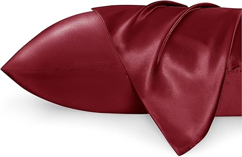 Bedsure Juego de 2 fundas de almohada de satén tamaño King Fundas de almohada de seda borgoña para cabello y piel de 20 x 40 pulgadas fundas de