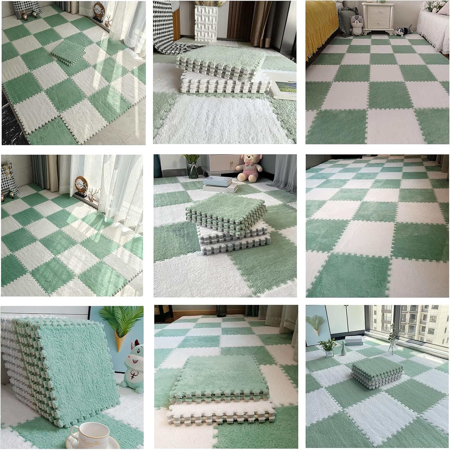 tappetini in schiuma, Tappetino in schiuma ad incastro puzzle con bordo 12x12 pollici multicolor di dimensioni multiple(White+light Green,30Pcs)