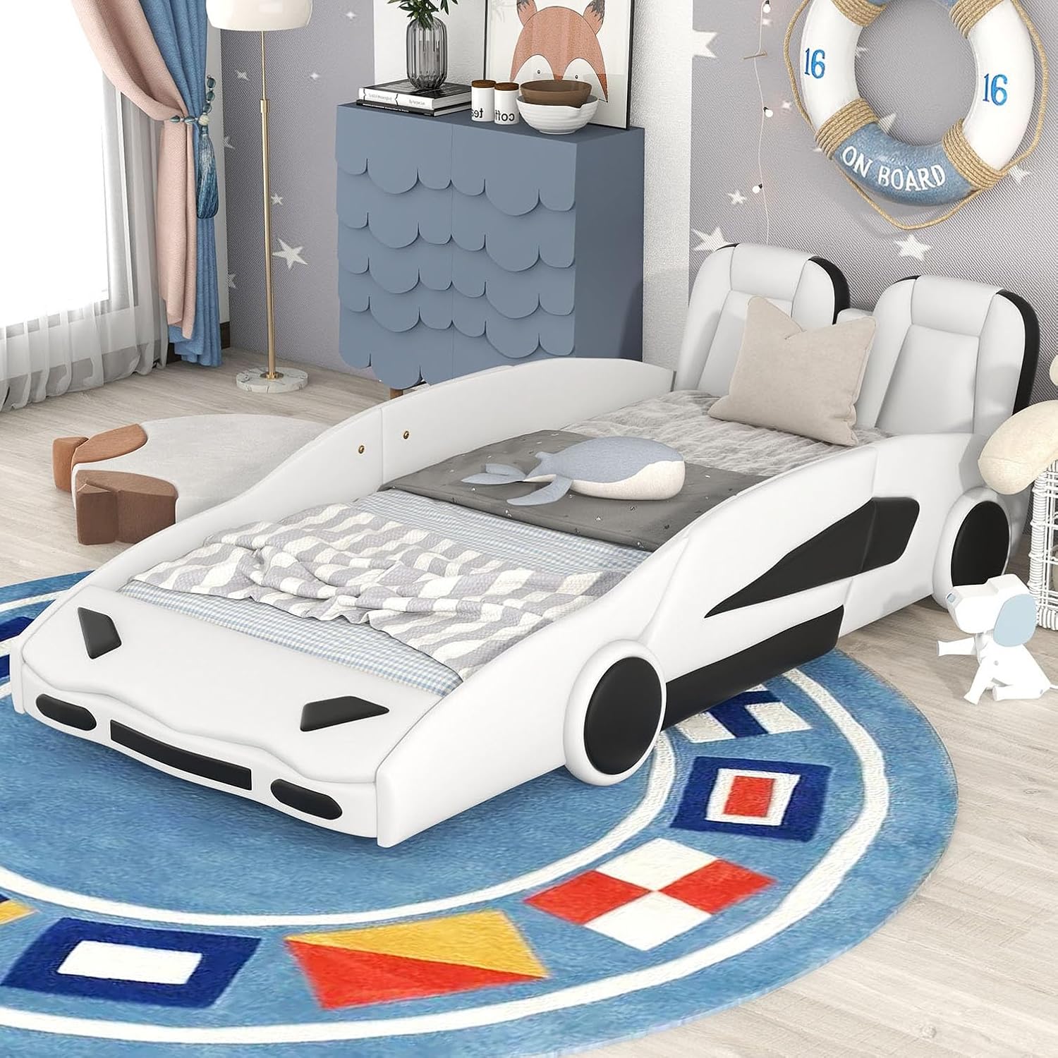 Twin Size Race Car Bed with Wheels, Upholstered Twin Bed Frame for Kids Boys Girls, No Box Spring Needed (Black)