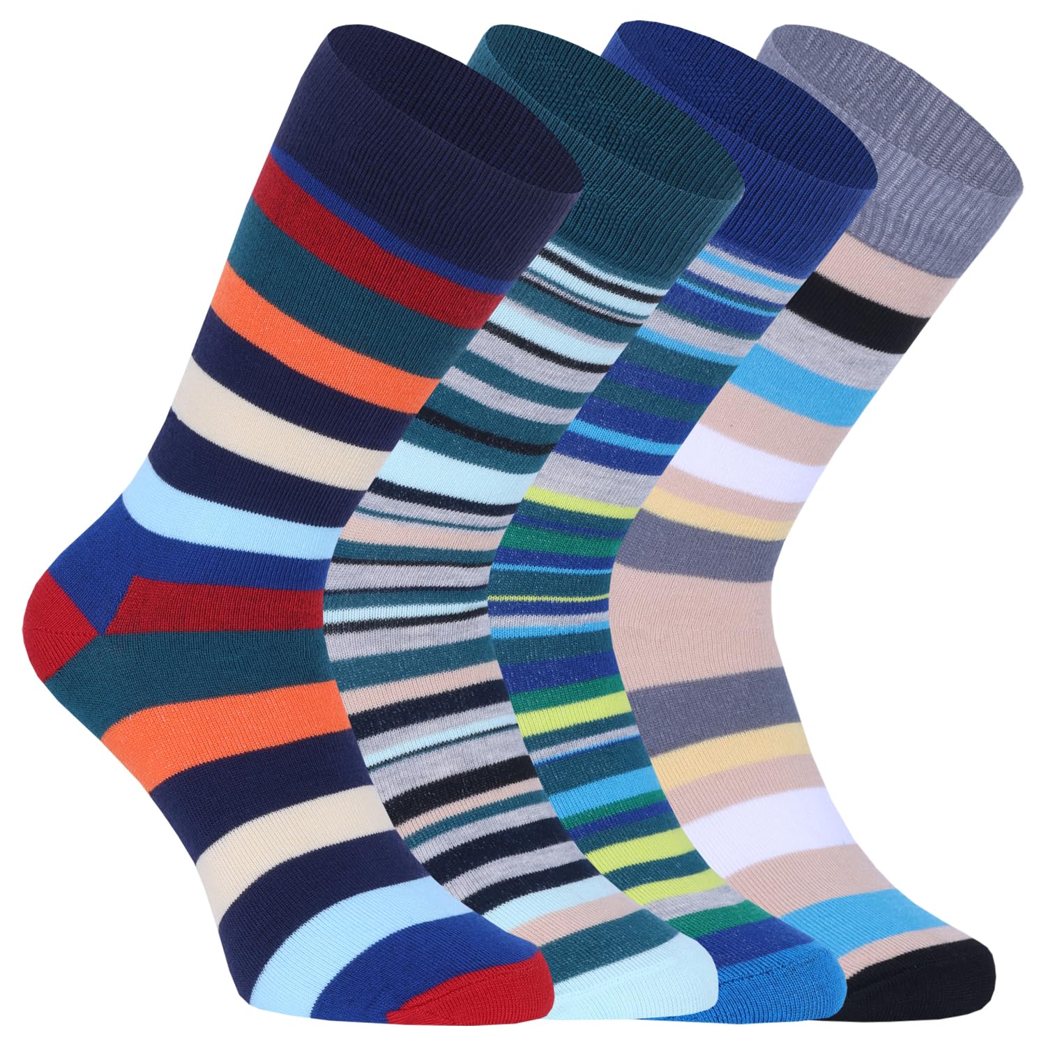 Men's Full-Length Socks, 4 Pair I Comfort Colorful Striped Design Combed Cotton Terry Calf with Extra Cushioned I Padded Base & Anti-bacterial I Free Size for Daily Casual Running Hiking Cycling-image-11