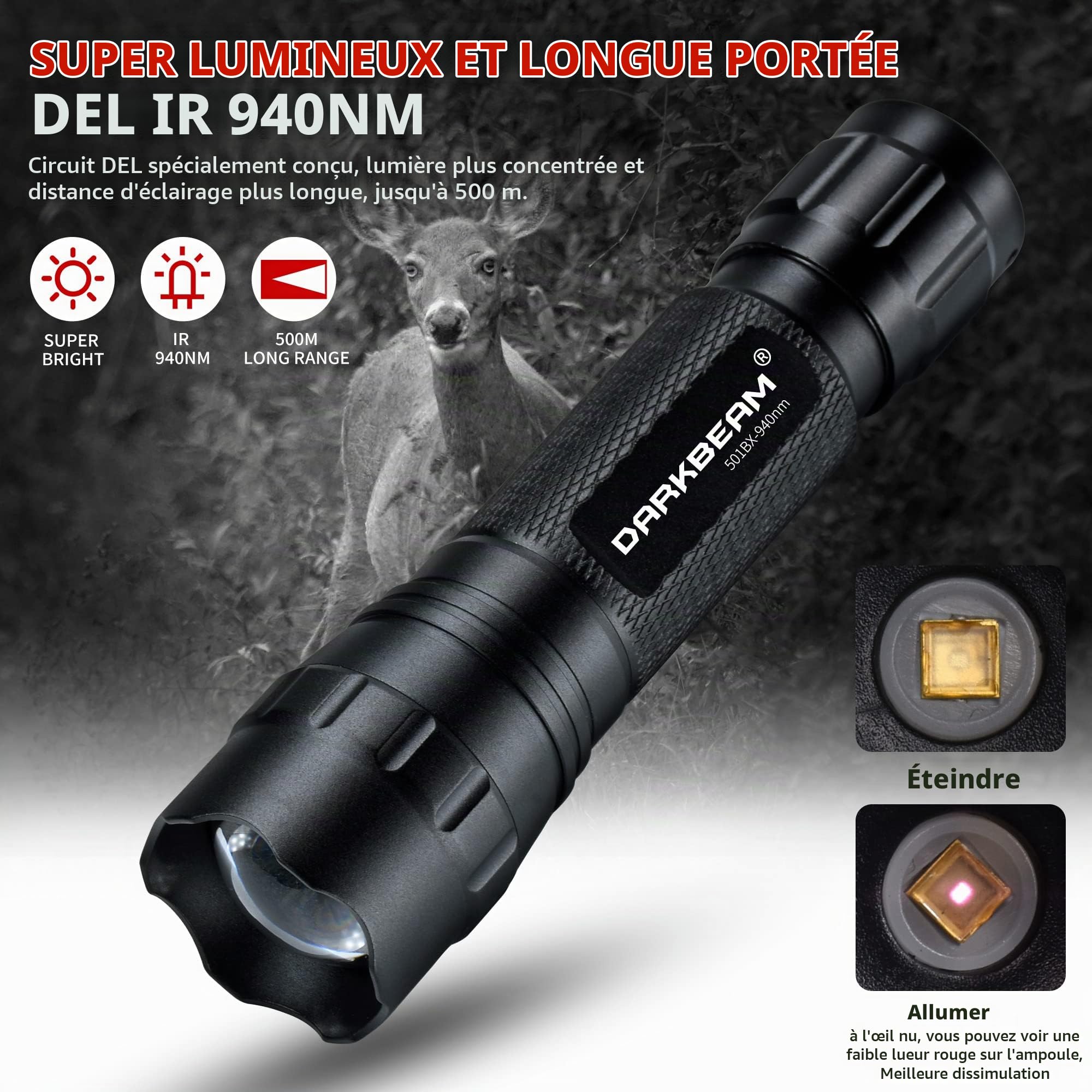 DARKBEAM Lampe Torche IR 940nm LED Lampe de Poche Infrarouge | Travailler avec l'équipement de Vision Nocturne, Puissant Invisible Lumière Rechargeable pour chasse,avec clip