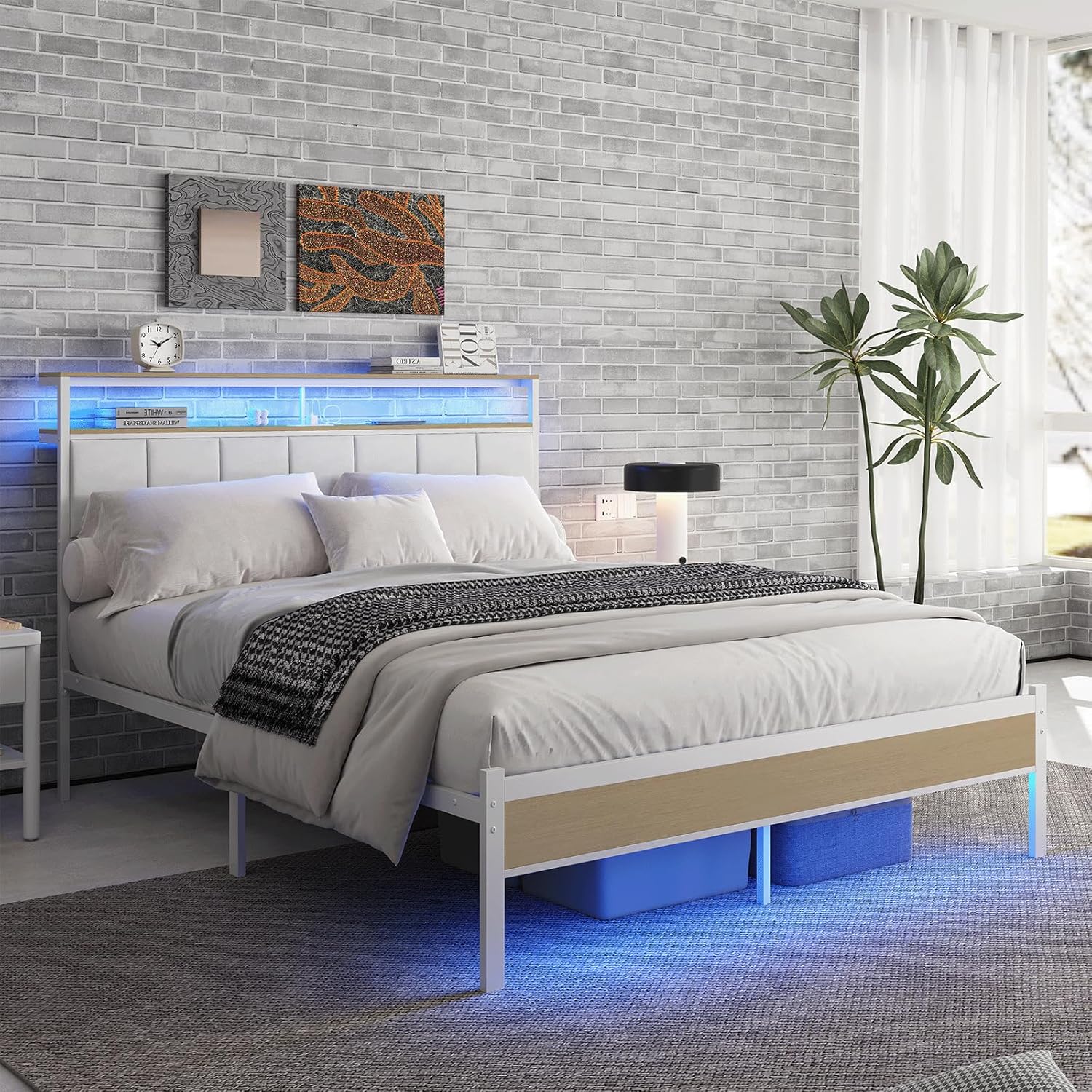 Queen Size Bed Frame with Charging Station and LED Lights, White Upholstered Headboard with 2-Tier Storage Shelves, Metal Bed Frame with Headboard, No Box Spring Needed, Easy Assembly, White