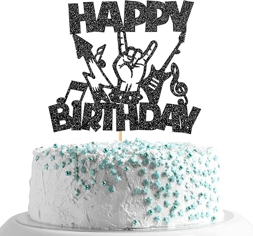 Miniatura 7 de Decoración para tartas de cumpleaños con temática Rock'n'Roll, entretenimiento musical, decoración de fiesta de cumpleaños, purpurina negra (roca)