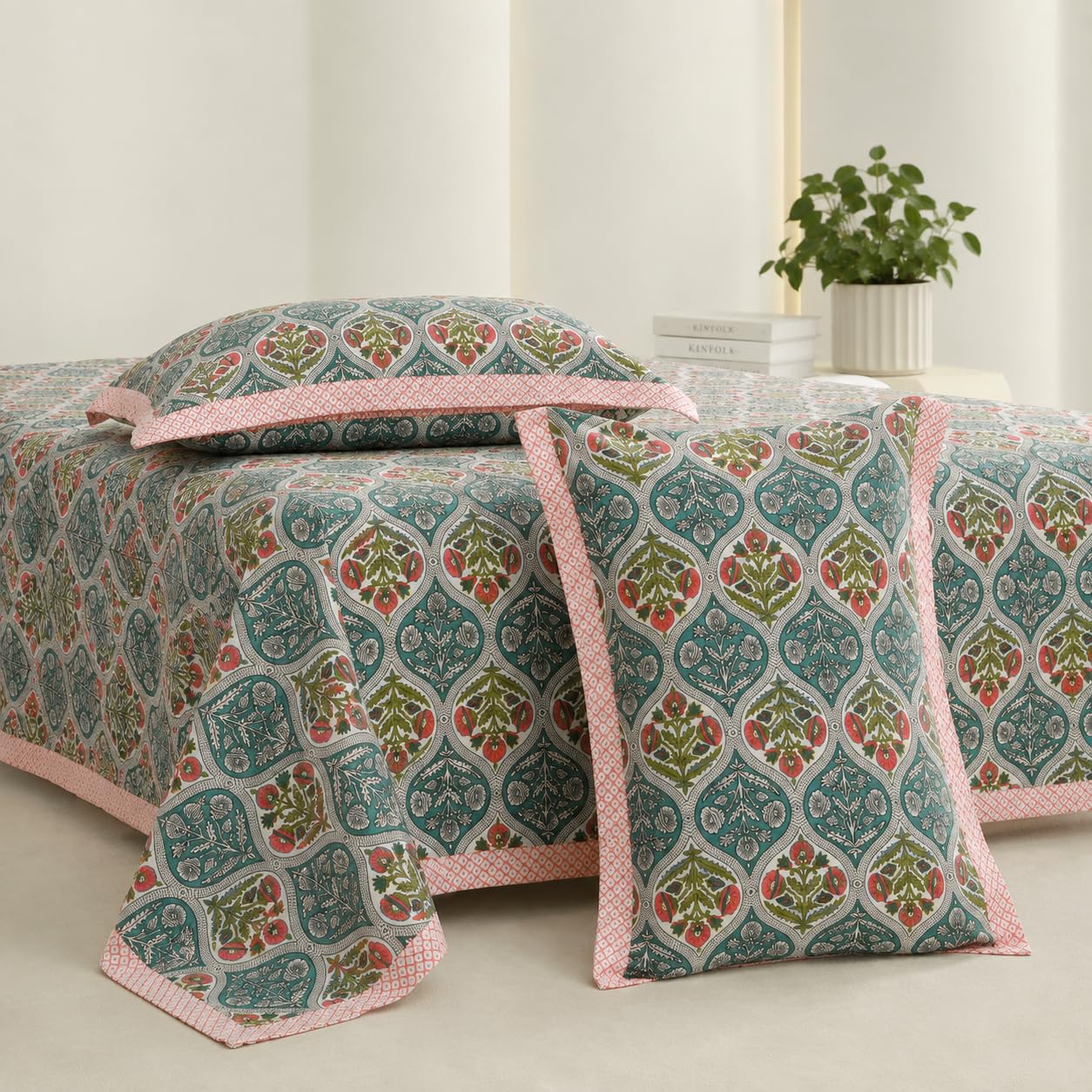 Urban Jaipur 100% Cotton Queen Size Bedsheet for Double Bed (87 x 106 Inches) | 180 TC Bed Sheet Double Bed Cotton | Floral Print (Green Pink)