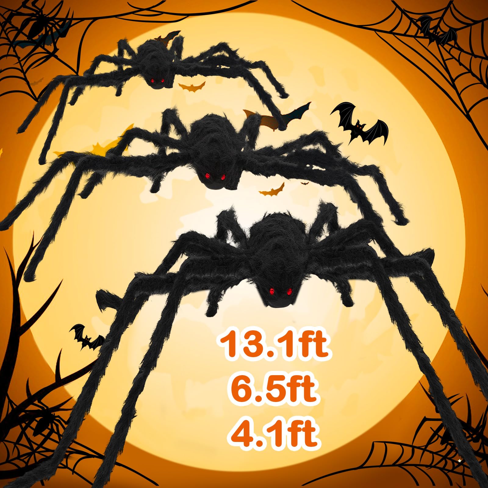 Wettarn 3 Pcs Giant Spider 13 ft 6.56 ft 4.1 ft Scary Halloween Spider Large Fake Spider Realistic Big Spider Black Hairy Spider Props for Halloween Outdoor Indoor Yard Party House Decoration, 3 Size