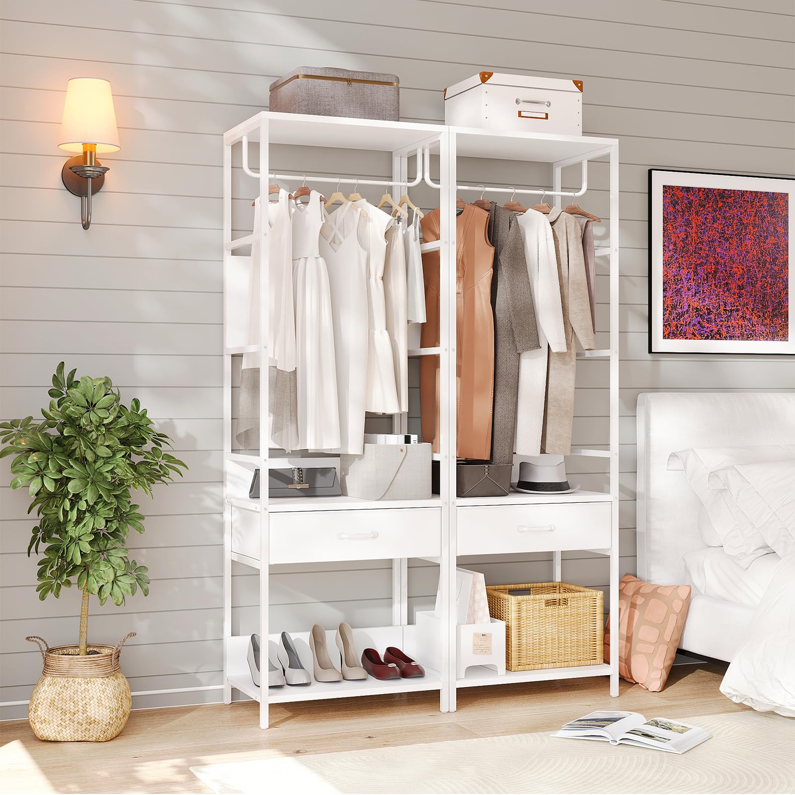 VOWNER Appendiabiti da Terra, Mobile Ingresso con Panca, 4 in 1, Attaccapanni con Barra e Cassetti, Stand Appendiabiti in Acciaio Inox, Mobile Ingresso Multifunzionale con Scarpiera, 60x180x40cm