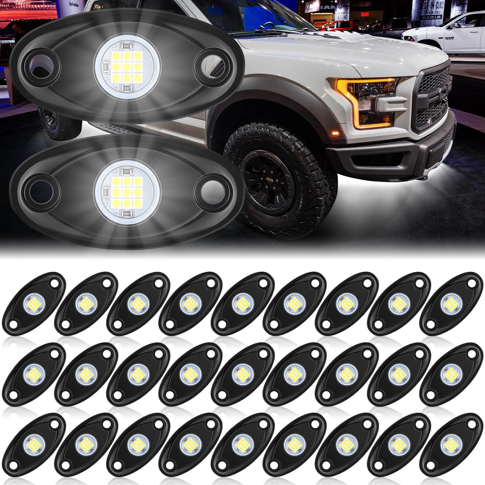 Baquler 30 Pods Rock Lights White Underglow Lights for