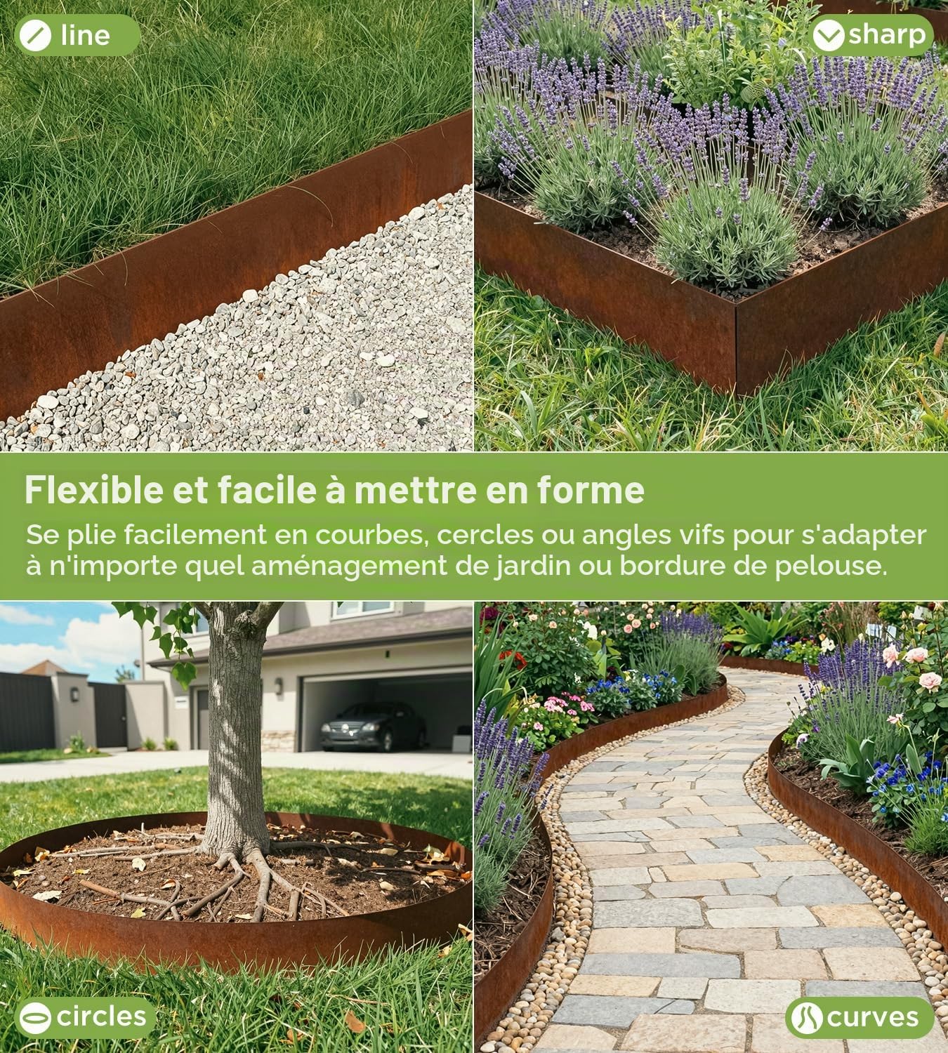 Bordure de pelouse en acier Corten 10 m - Bordure de parterre en métal de 15 cm de haut, épaisseur 0,6 mm - Bordure de parterre flexible avec aspect rouille - Avec une paire de gants et un connecteur