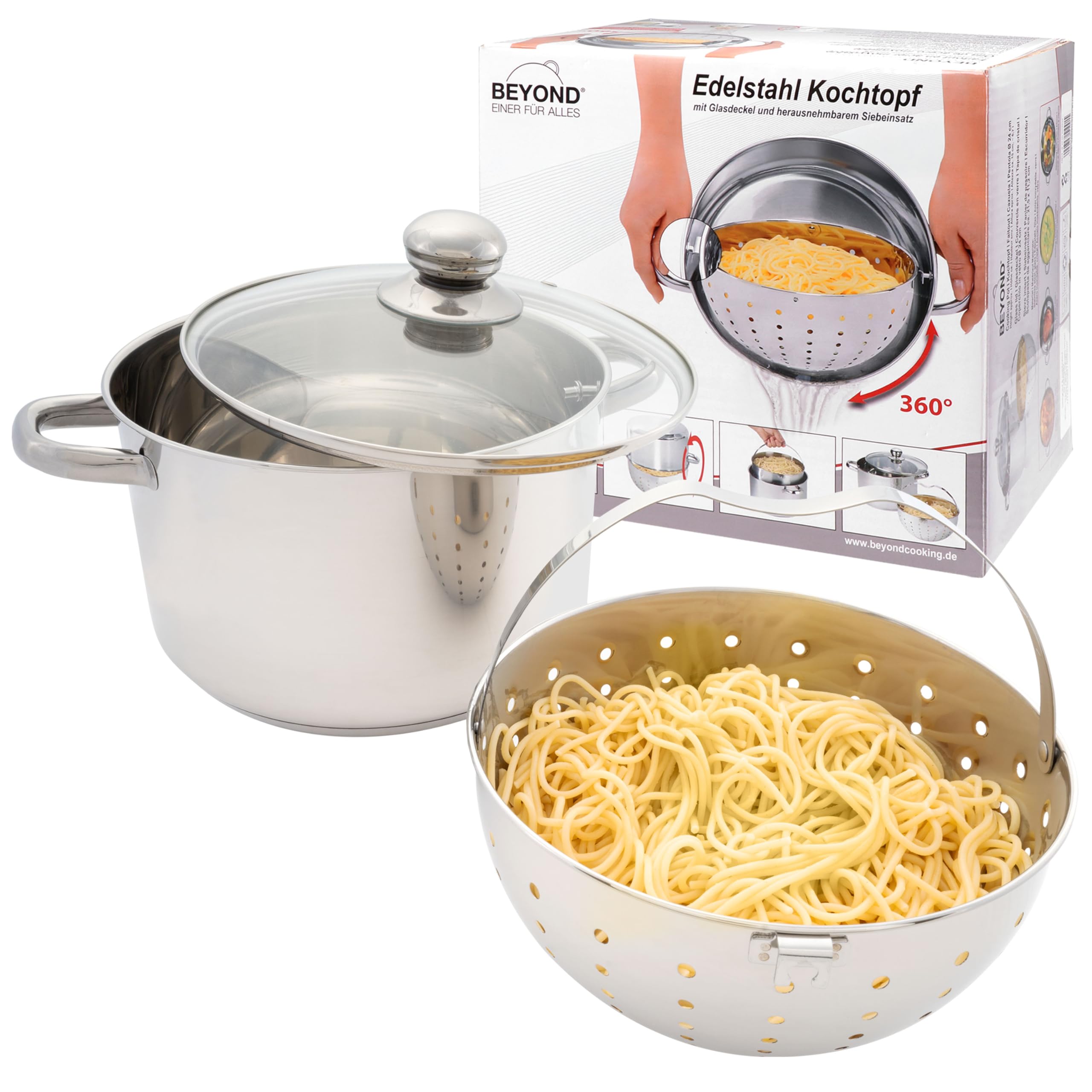 Beyond Nudeltopf 24 cm, Edelstahl Kochtopf mit Glasdeckel und herausnehmbarem Siebeinsatz, Pastatopf für Induktion und alle Herdarten geeignet, auch zum Braten und Suppen zubereiten verwendbar