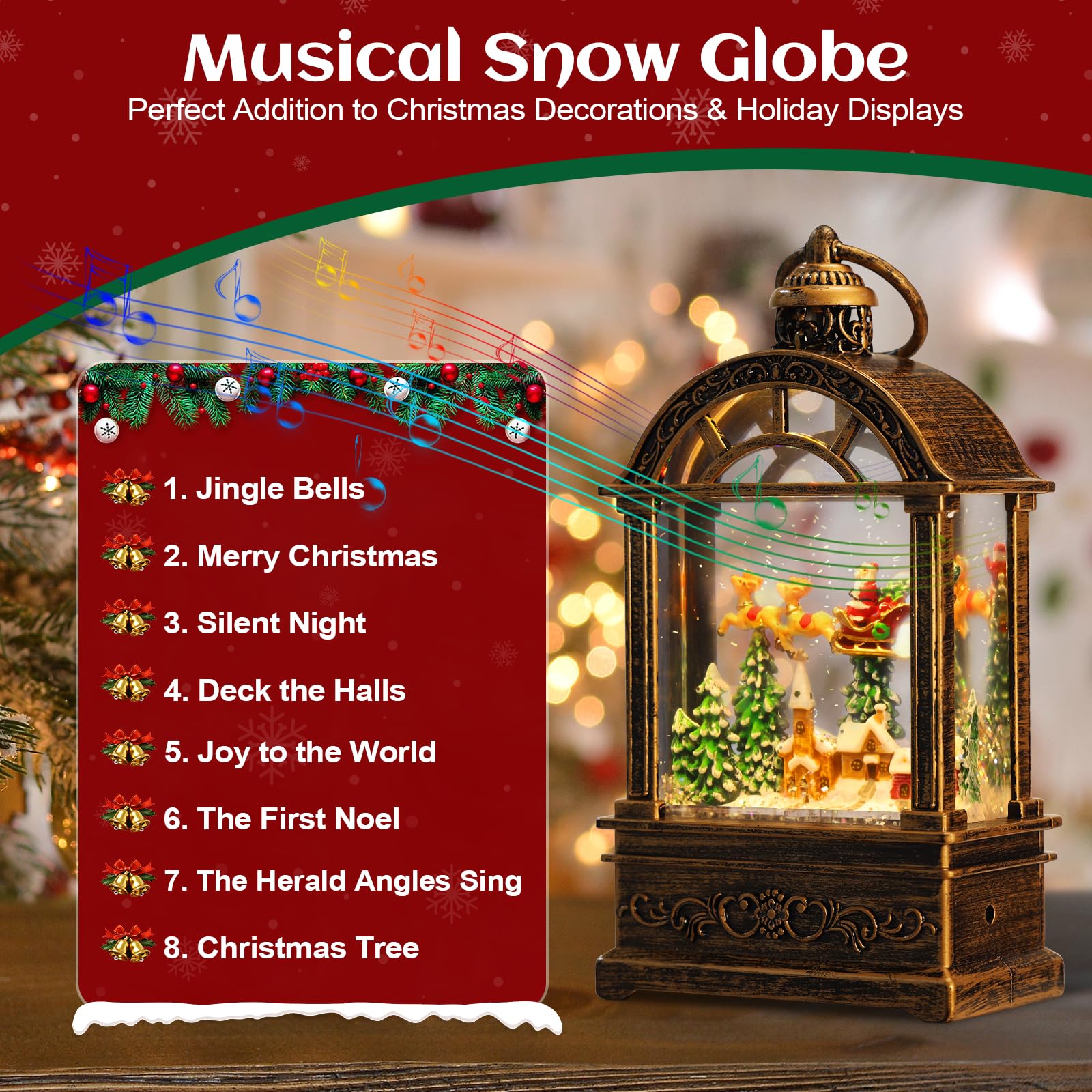Snow Globe Christmas Lantern Decorations - 9.8”USB Plug-in & Battery Operated Music can be Turned Off，Portable Creative Water Glitters Lighted Music Christmas Snow Globe Lantern for Christmas Decor