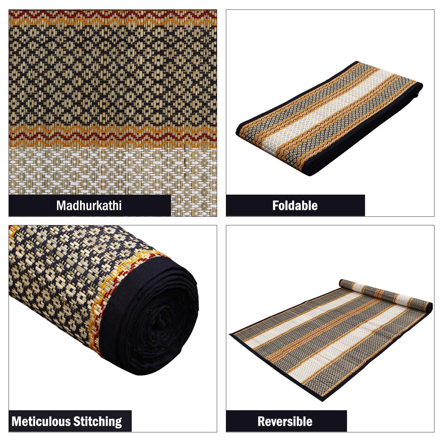 HOKIPO Classic Contemporary Chatai Mat (Black, Madurkathi, Rivergrass, 6X3 Feet, Rectangular) 4