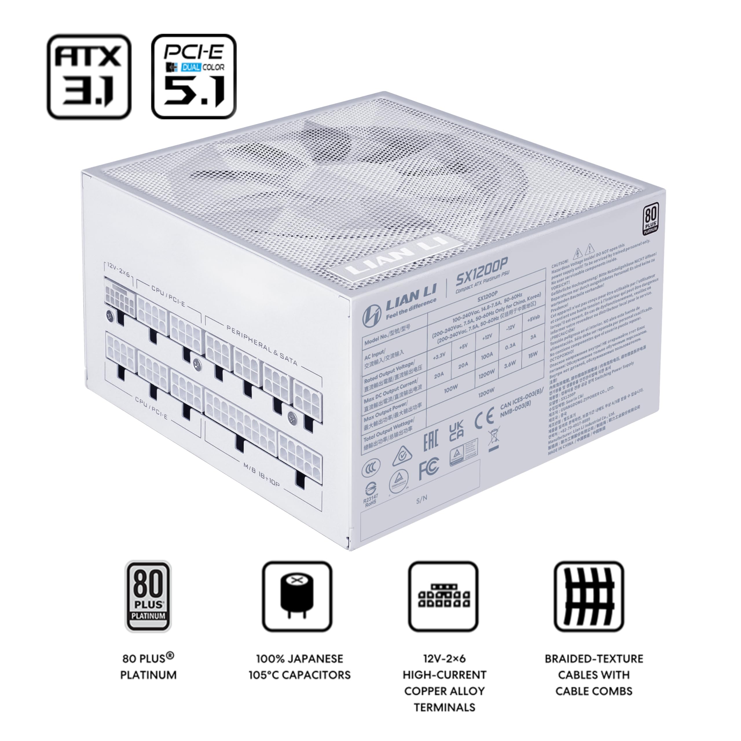 Lian Li Alimentatore compatto SX Platinum SX1200P.W SXP ATX 1200 W con cavo 12 V-2 x 6 - Conforme ATX 3.1 e ventola PCIE 5.1-140 mm - Modulo completo - Bianco