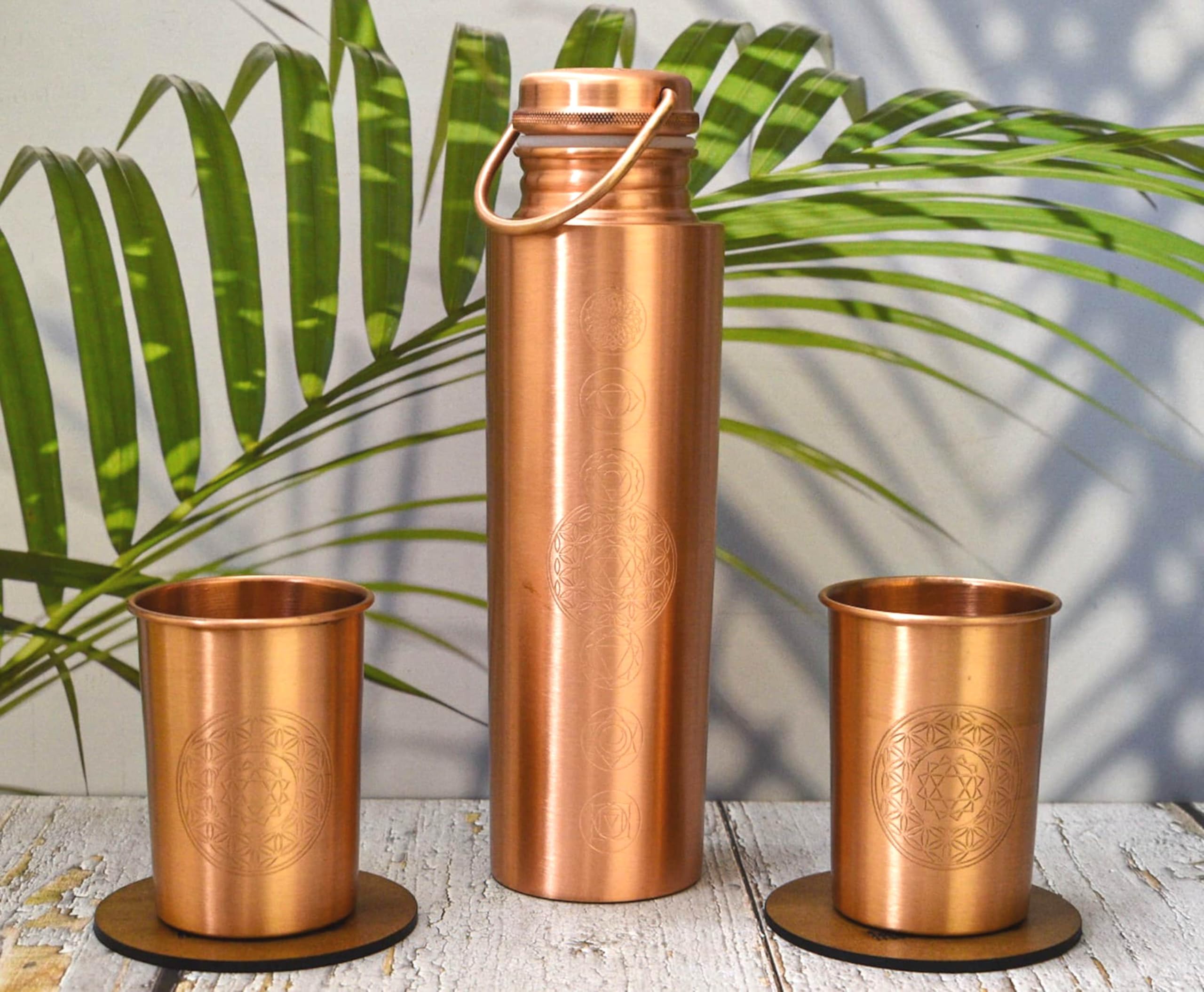 Bottiglia In Rame Puro 7 Chakra – 1000 Ml Con Vetro E Sottobicchieri In Legno, Ideale Per Yoga E Meditazione - 3