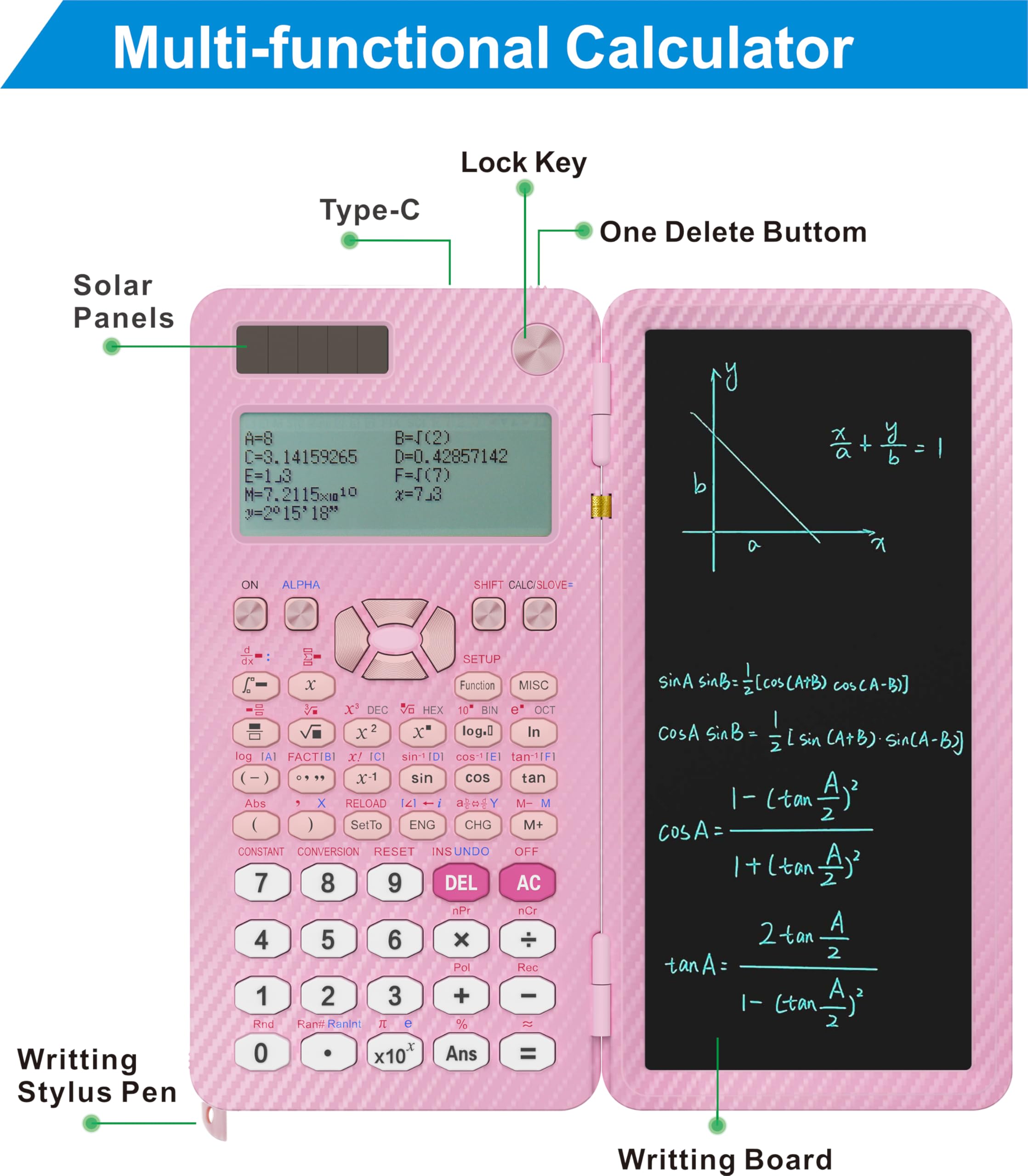 iPepul 991EX Calculatrice de mathématiques solaire rechargeable 552 fonctions avec bloc-notes, affichage 5 lignes – Fournitures scolaires pour collège lycée et collège (rose)