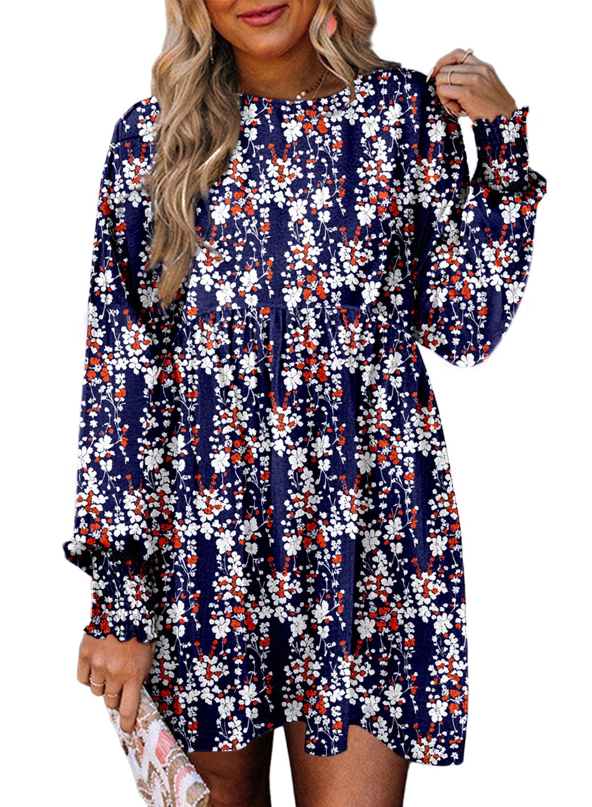 Dokotoo Dresses for Women Flowy Boho Floral Long Sleeve Empire Waist Babydoll Dress