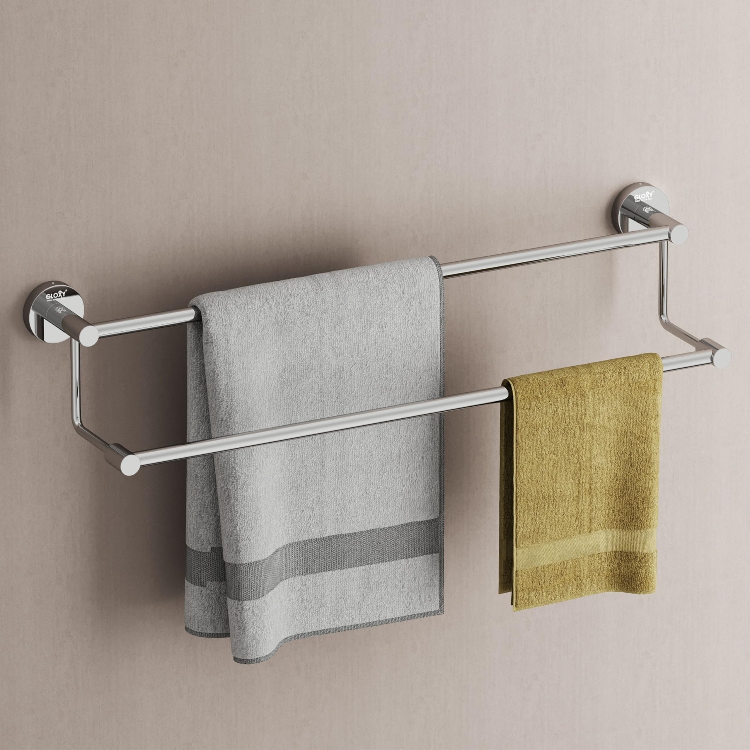 GLOXY Premium 2 Layer Bathroom Towel Rod - 24 iInch Wall Mount Rust Proof Stainless Steel Chrome Finish Towel Rod for Bathroom - Bathroom Fittings Accessory Bath Towel Holder for Home & Hotels-image-40