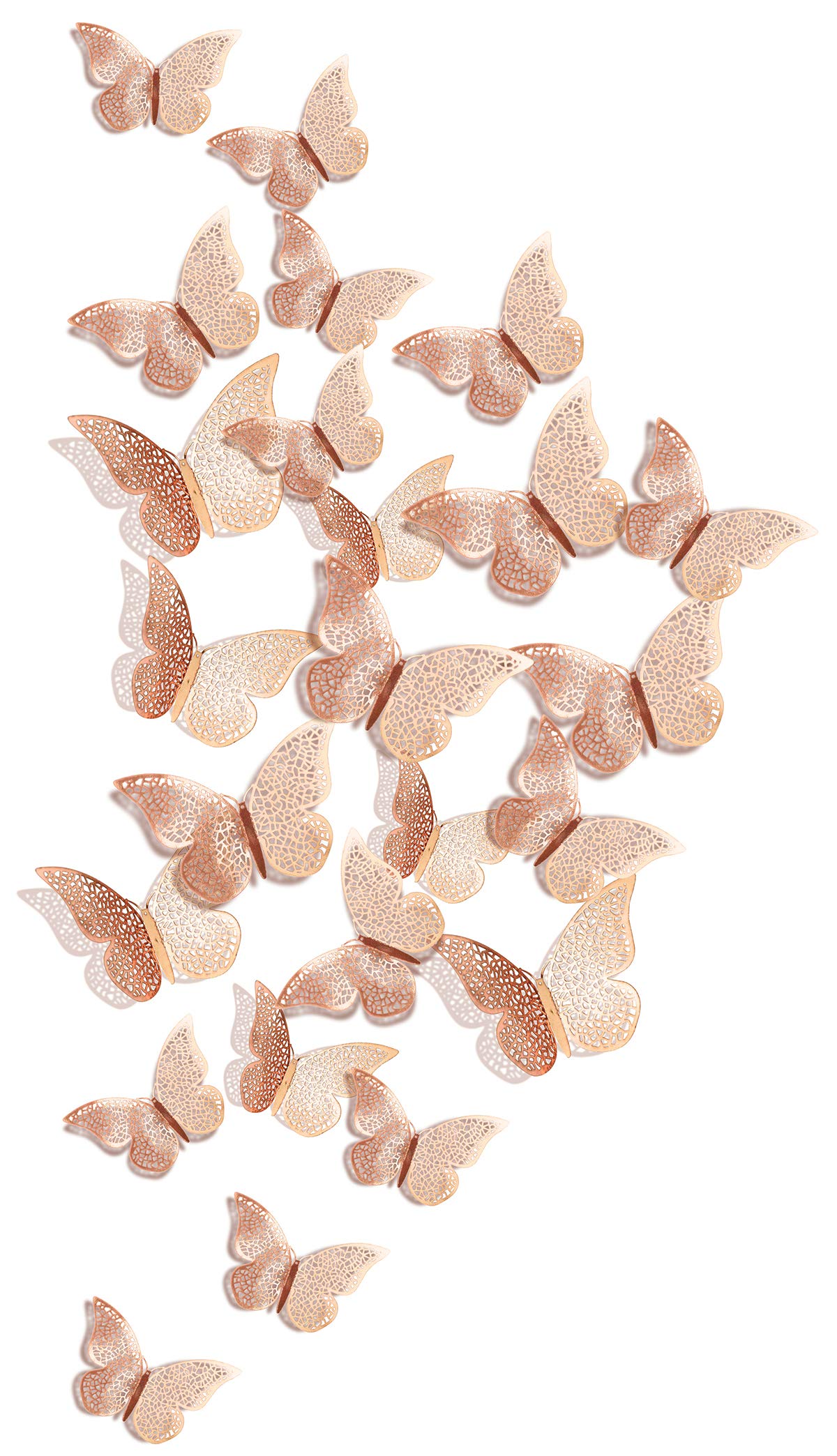 FiveSeasonStuff 24pcs 3D Rose Gold Gold Mirror Hollow Butterfly Wall Stickers