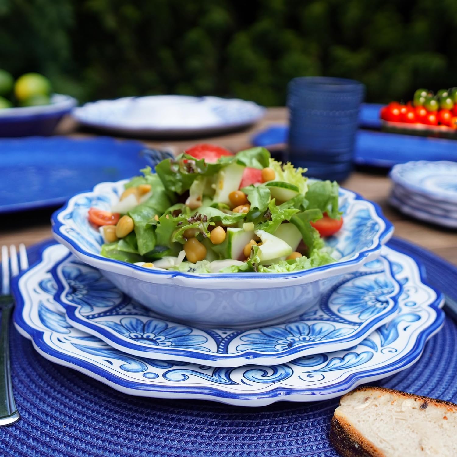 Veranda 9-Inch Melamine Salad and Dessert Plates, Set of 4 – Blue and White Floral Scroll Design – Shatterproof, Lightweight, Dishwasher Safe Plates for Everyday or Outdoor Entertaining