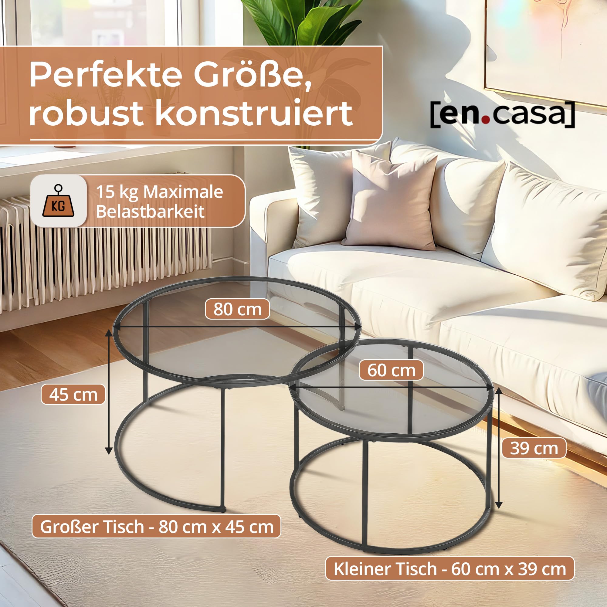 [en.casa] Couchtisch Kokkola 2er Set Wohnzimmertisch rund Beistelltisch Schwarz Tischplatte aus Glas Kaffeetisch Metallgestell Satztisch Sofatisch Rauchglas