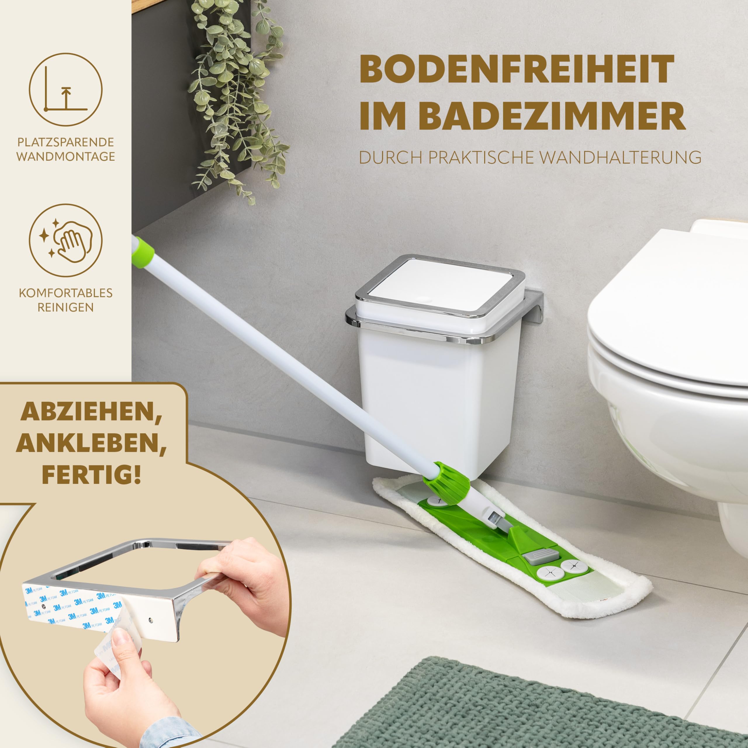 bremermann eckiger Kosmetikeimer SAVONA mit Schwingdeckel & EVA Pads, inkl. Wandhalterung zum Kleben oder Bohren, für Gäste-WC und Badezimmer aus Kunststoff, 6 Liter Fassungsvermögen, weiß