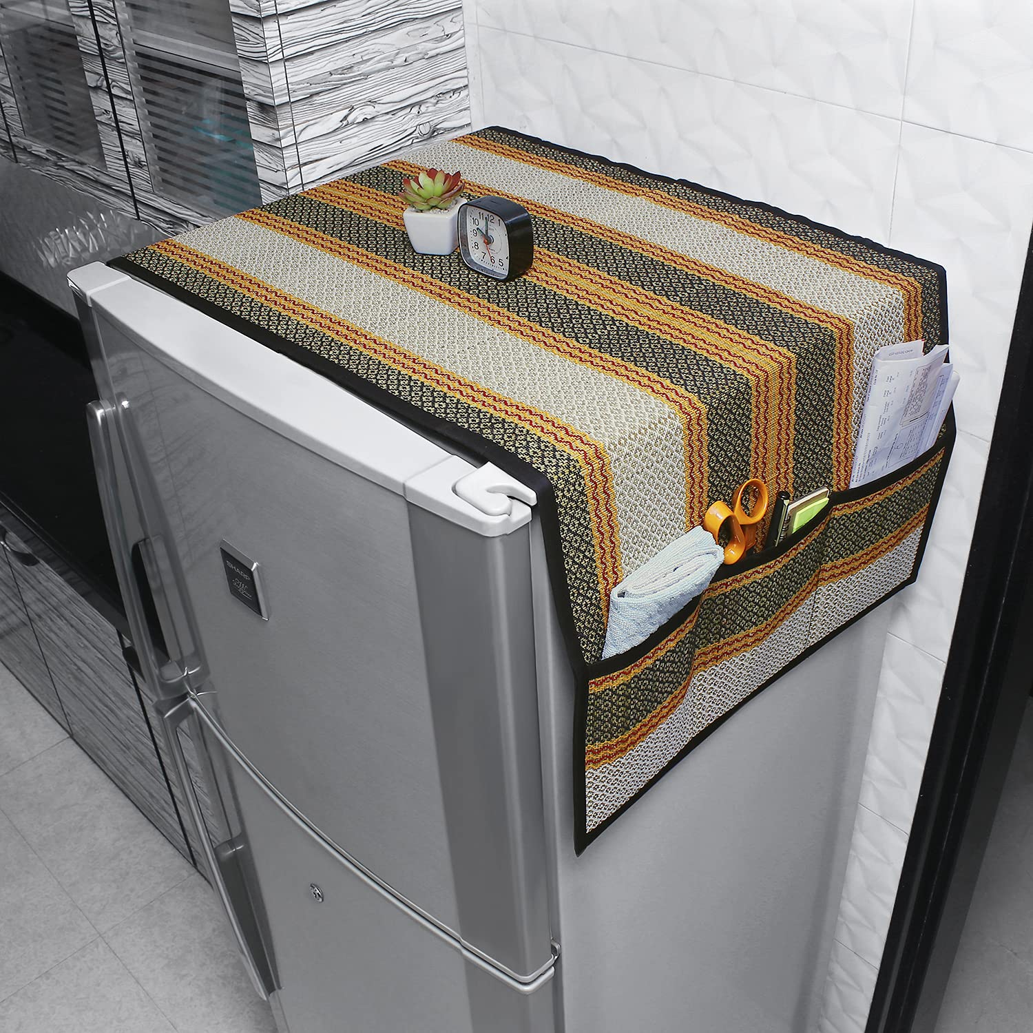 HOKIPO Eco-Friendly Handcrafted Madurkathi Fridge Cover Top with Pockets, 21x52 inches, Black (B09CYF7XDL) Amazon Price History, Amazon Price Tracker