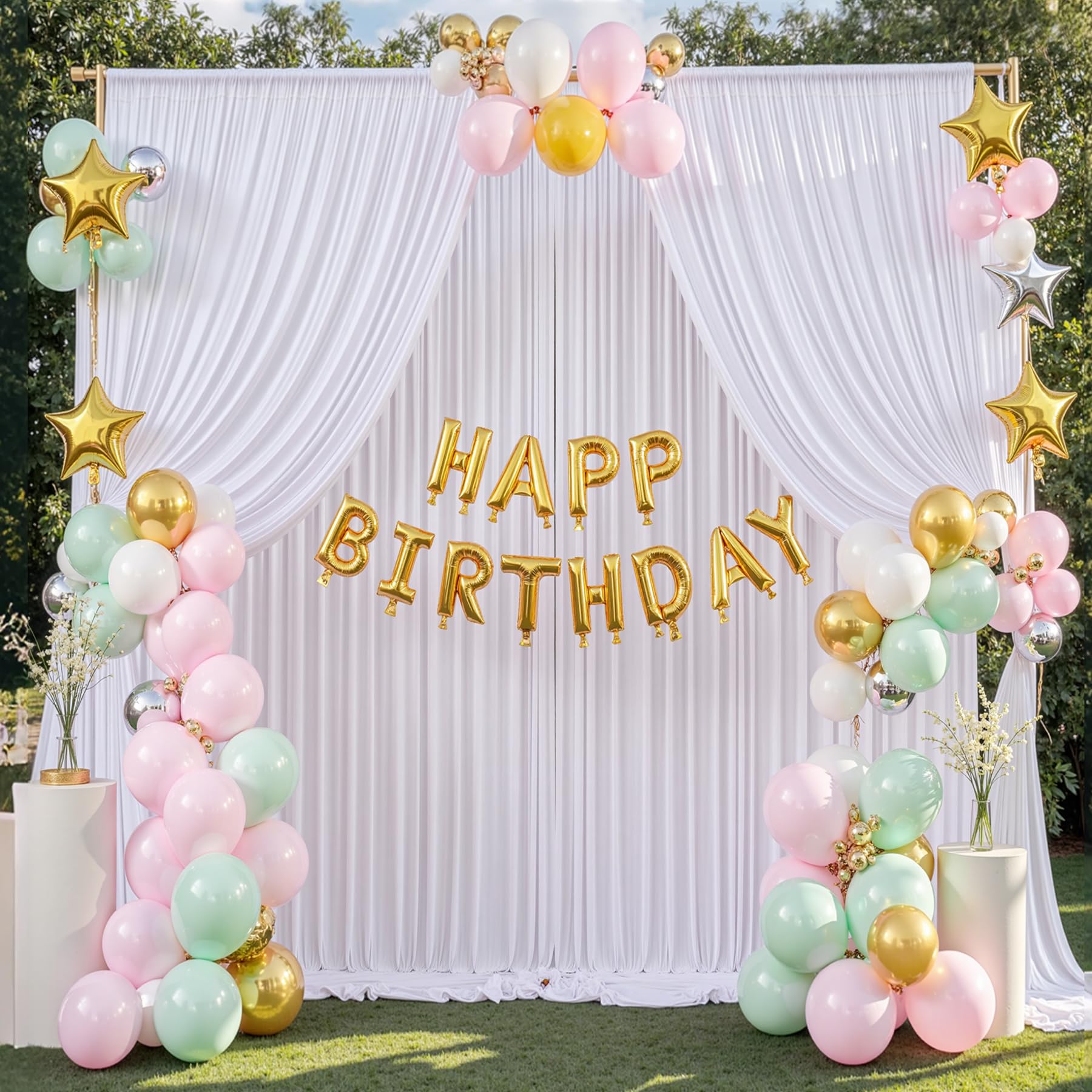 9 m x 2,4 m - Rideaux de Fond Blanc sans Plis pour fêtes de Mariage, 6 Panneaux de 1,5 x 3 m - Polyester Soyeux Doux - Blanc - Arrière-Plan Photo - Tissu arrière - pour Anniversaire, Noël