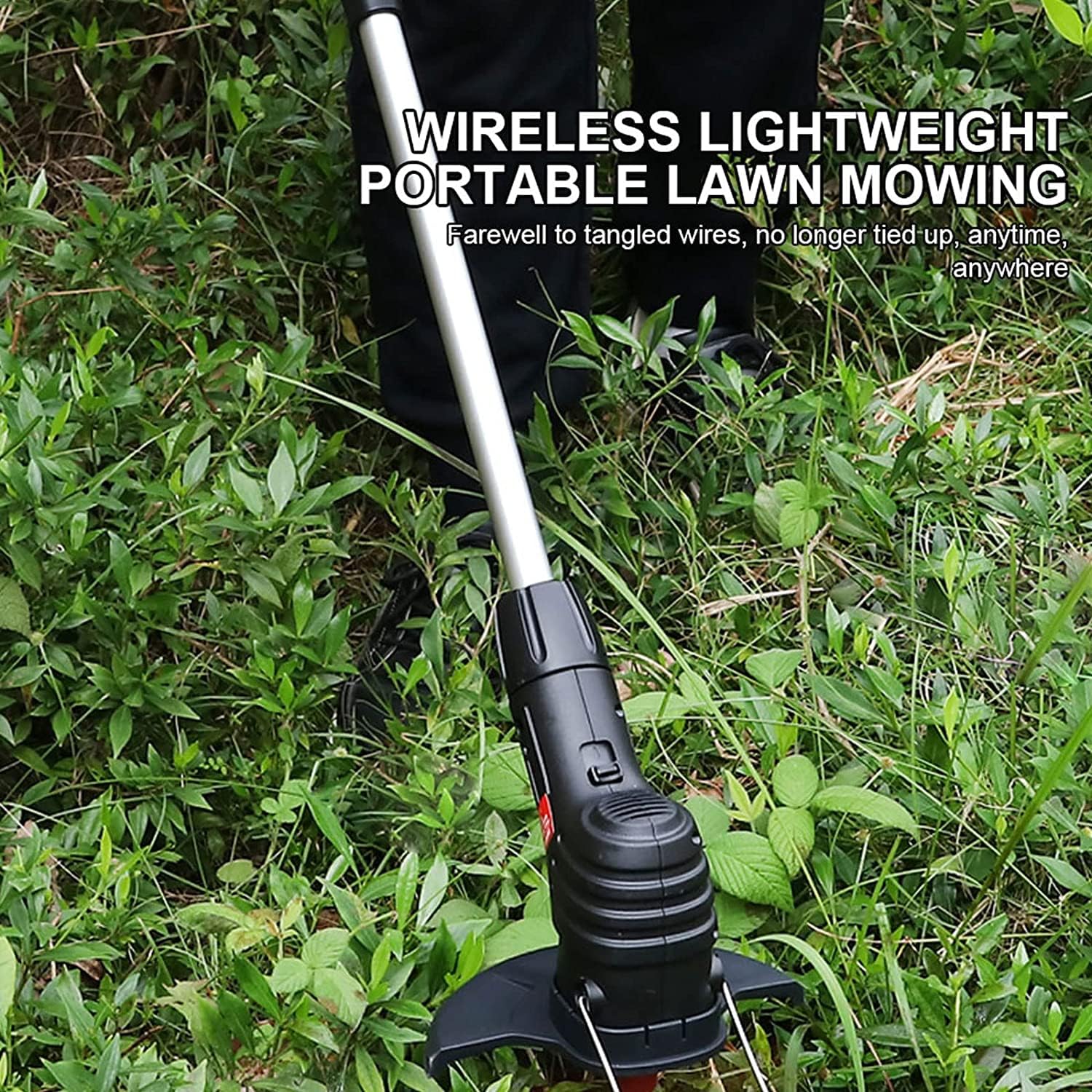 Tondeuse à gazon sans fil pour outil de jardin, longue poignée télescopique réglable et légère, avec batterie 1200 mAh et 5 lames de rechange, pour le désherbage de la pelouse de jardin (chargement US