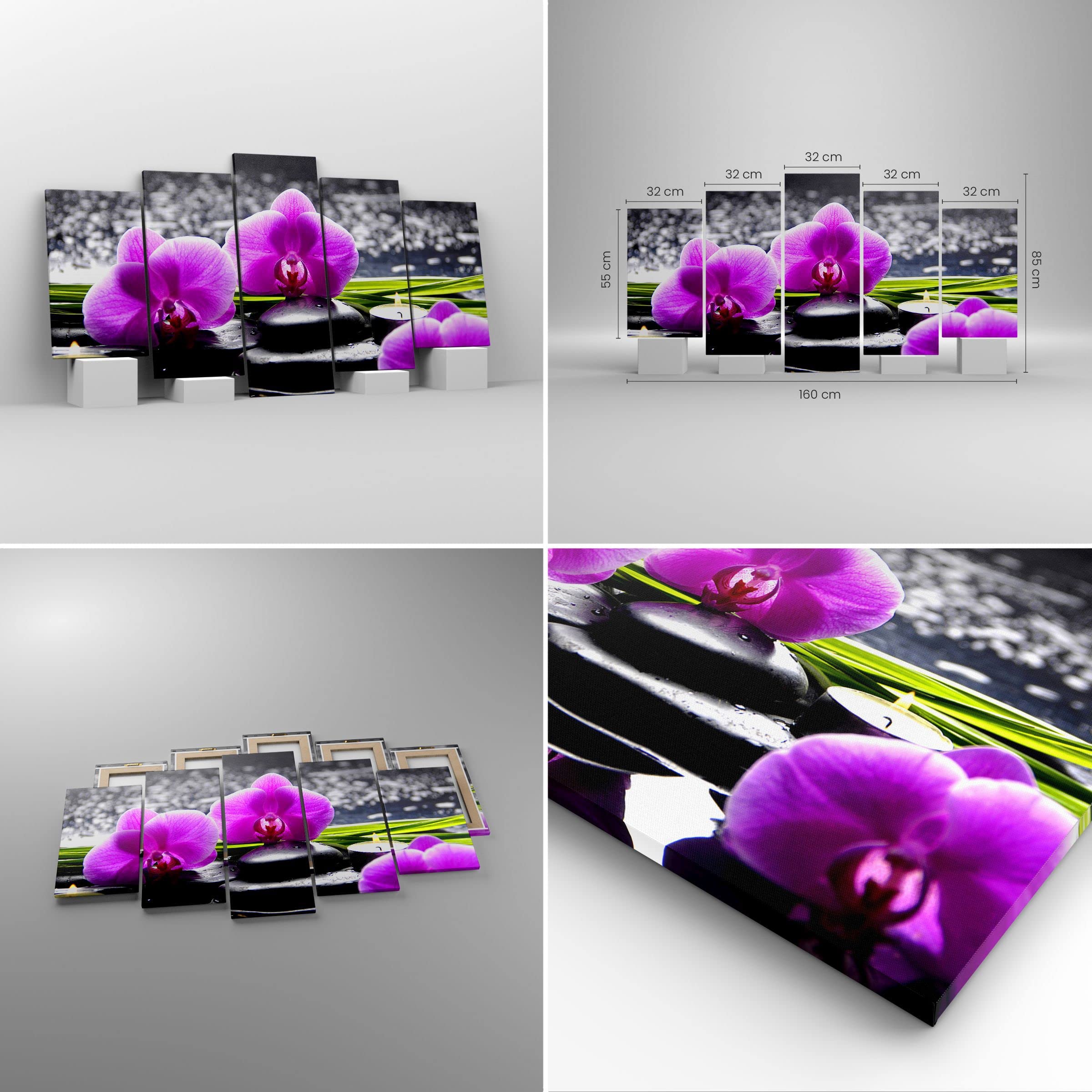 Wandbilder Dekoration Wohnzimmer Orchidee Natur Wasser Blume Bilder auf Leinwand 160x85cm Leinwandbild Schlafzimmer Set 5 teilige Wand Kunstdruck Art Groß XXL Wanddeko Bild Canvas EA160x85-2658