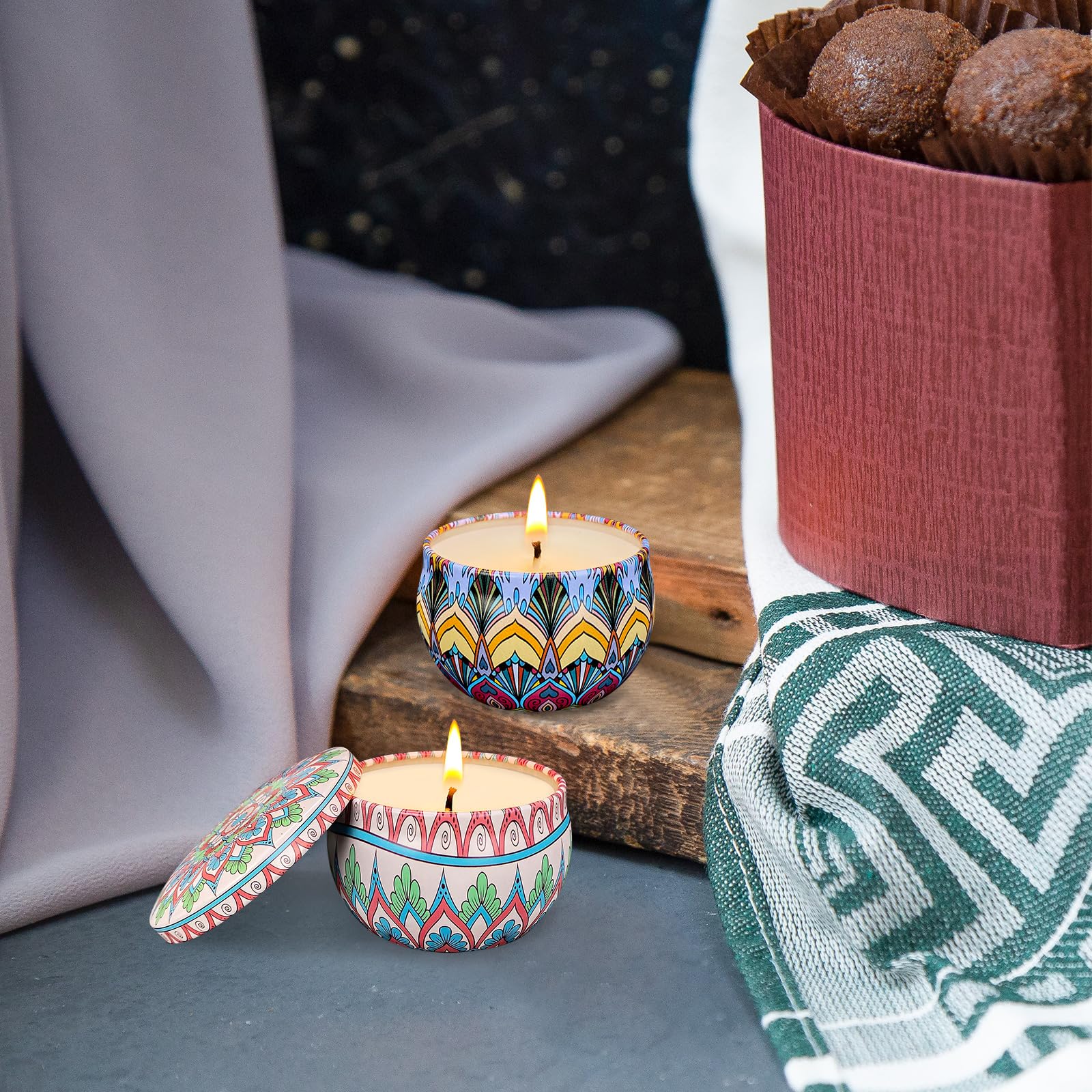 Juego de 48 velas aromáticas pequeñas de cera de soja, velas de aromaterapia de 2.5 onzas, velas de lata portátiles con tapa, cesta de regalo de relajación para madre, mujeres, amigos y compañeros de