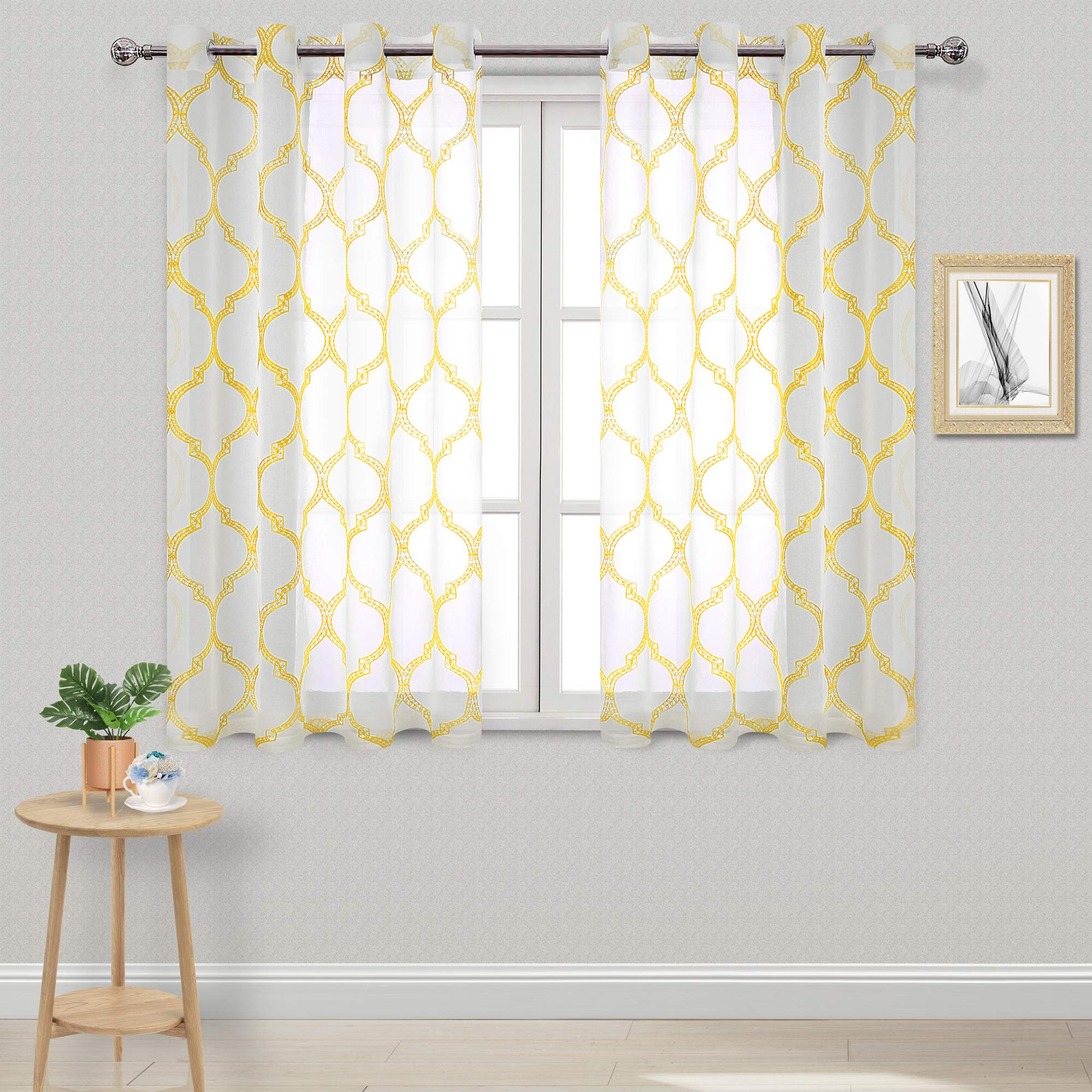 DWCN Yellow Moroccan Embroidered Sheer Curtains - Faux Linen Geometric Trellis Semi Voile Bedroom and Living Room Curtains, Set of 2 Window Curtain Ds, 52 x 45 Inch Length