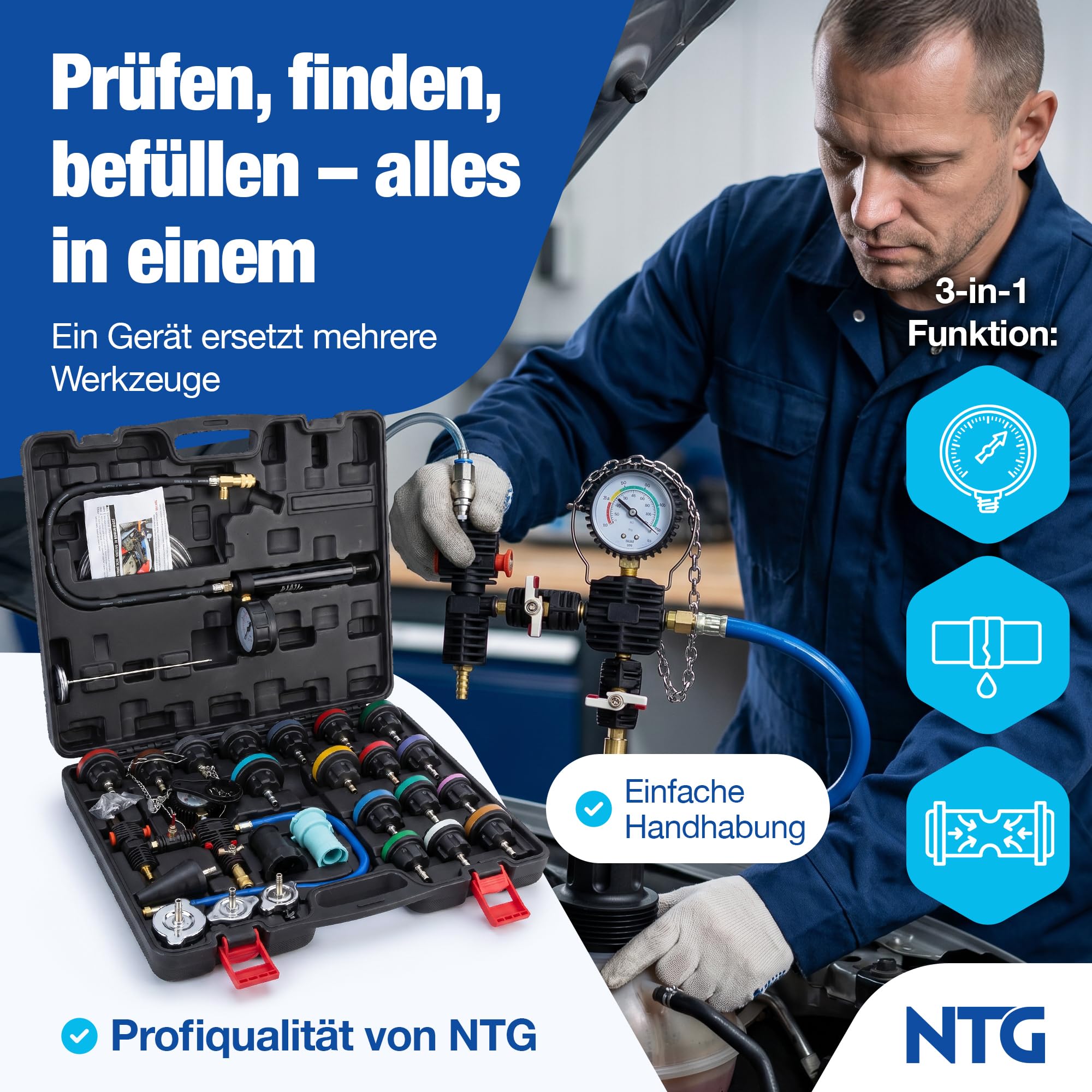 NTG 28-teilig Kühlsystemtester & Kühler Abdrückgerät | Vakuum Kühlmittel Befüllgerät Entlüftungsgerät Set | Kühlsystem Abdruck und Prüfgerät Tester Werkzeug Set Kfz PKW