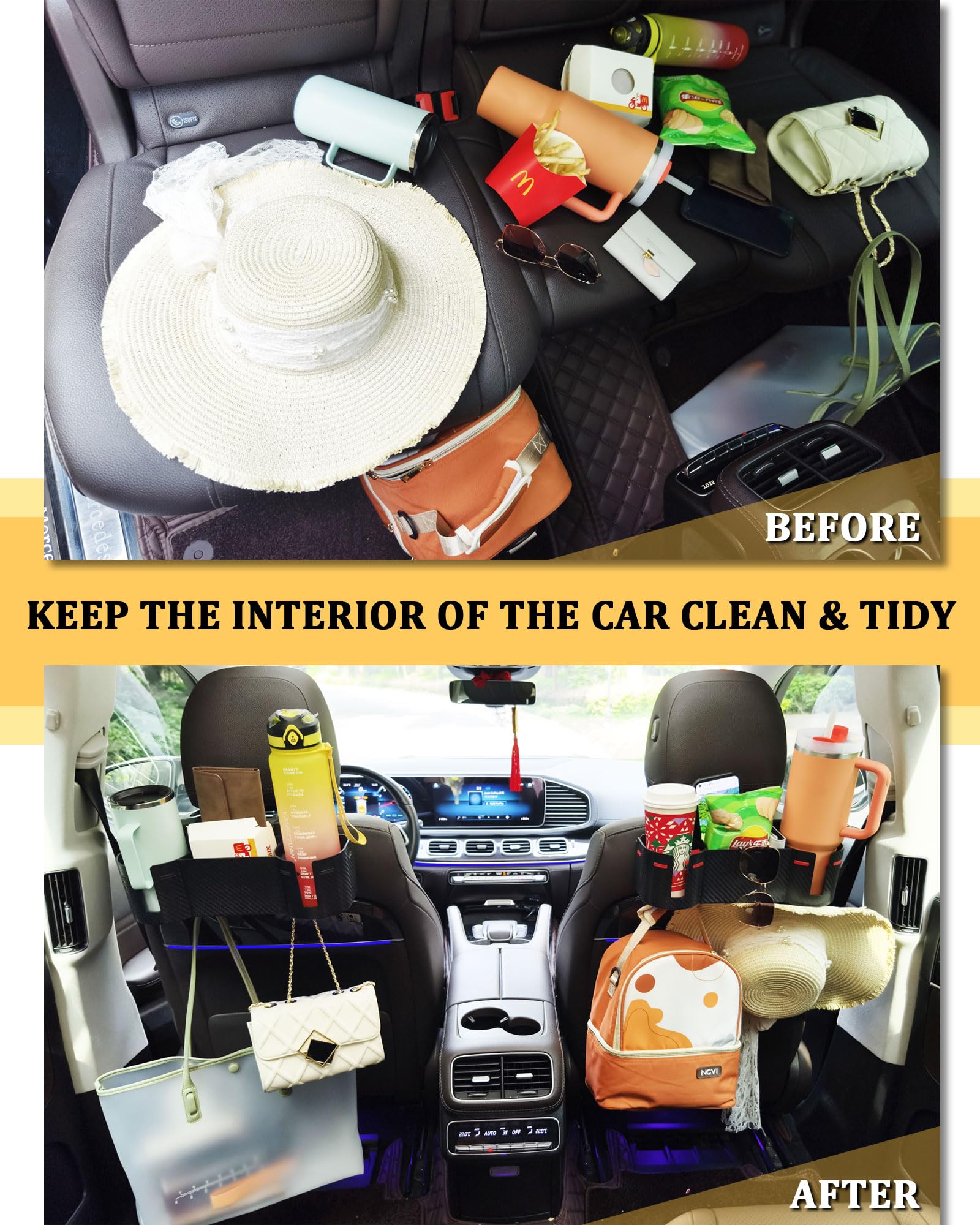 Car Headrest Backseat Cup Holder 3.7" with Organizer, High Capacity 4 in 1 Seat Back Organizer with Headrest Hooks, Multifunctional Storage for Car Travel Accessories Compatible with Most Vehicles