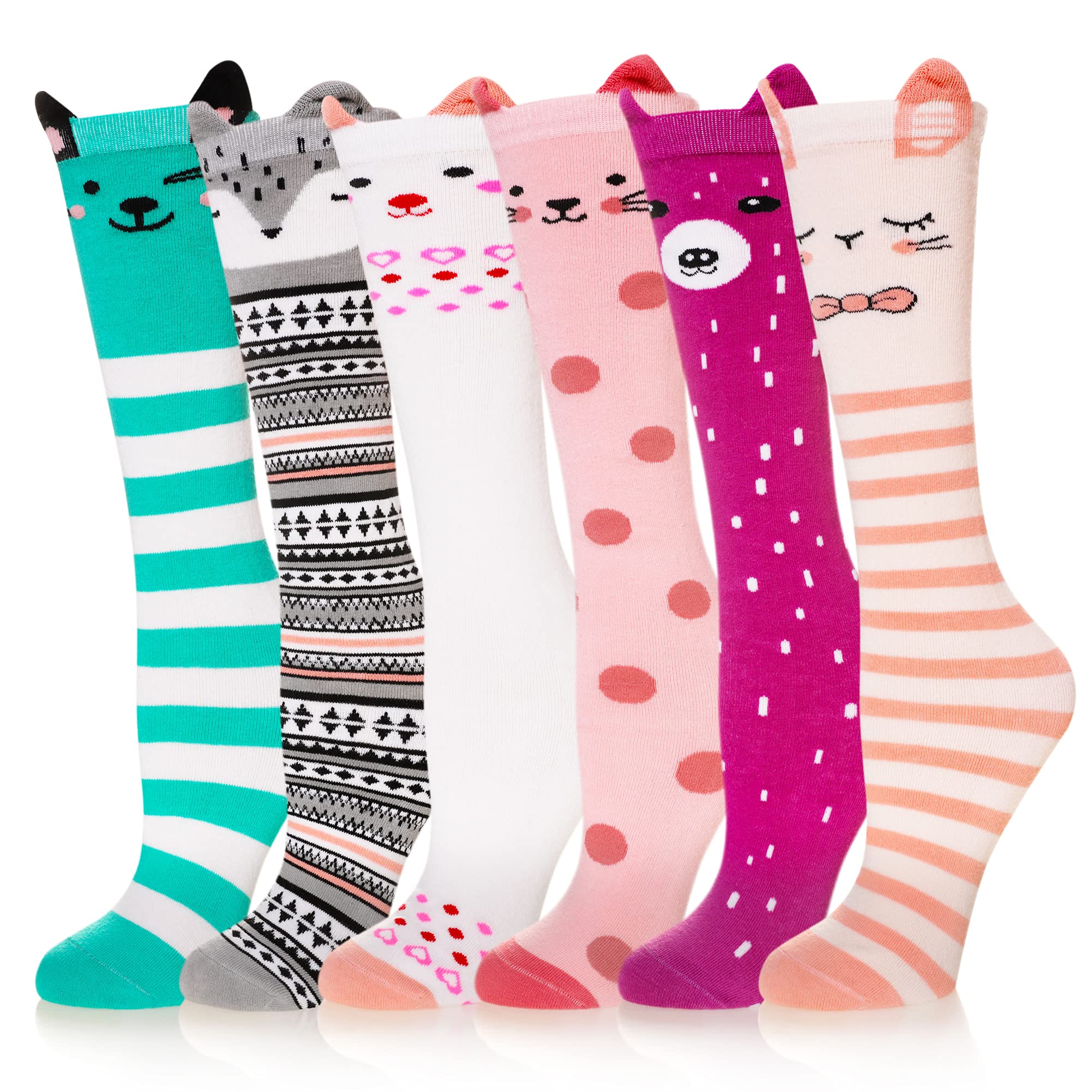 Girls Knee High Socks Kids Crazy Fun Gift Silly Tall Boot Cute Animal Cotton Long Socks 6 Pairs