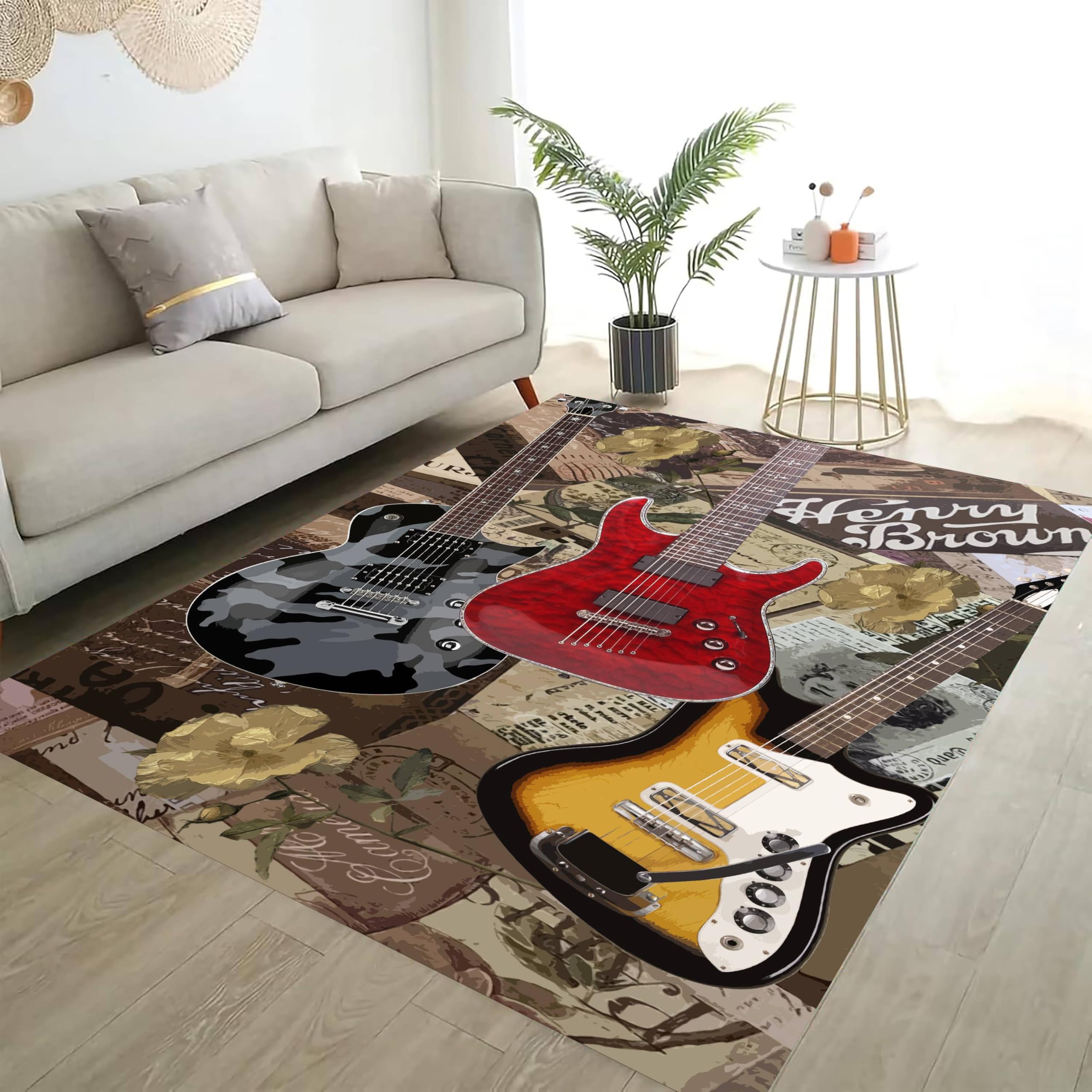 Kuluoits Guitar Area Rug 160x200cm Retro Old Newspaper Floral Distressed Style Guitar Instrument Rugs Mats, Music Lover Rugs Non-Slip Washable Rug for Living Room Bedroom Dining Office Soft Carpets