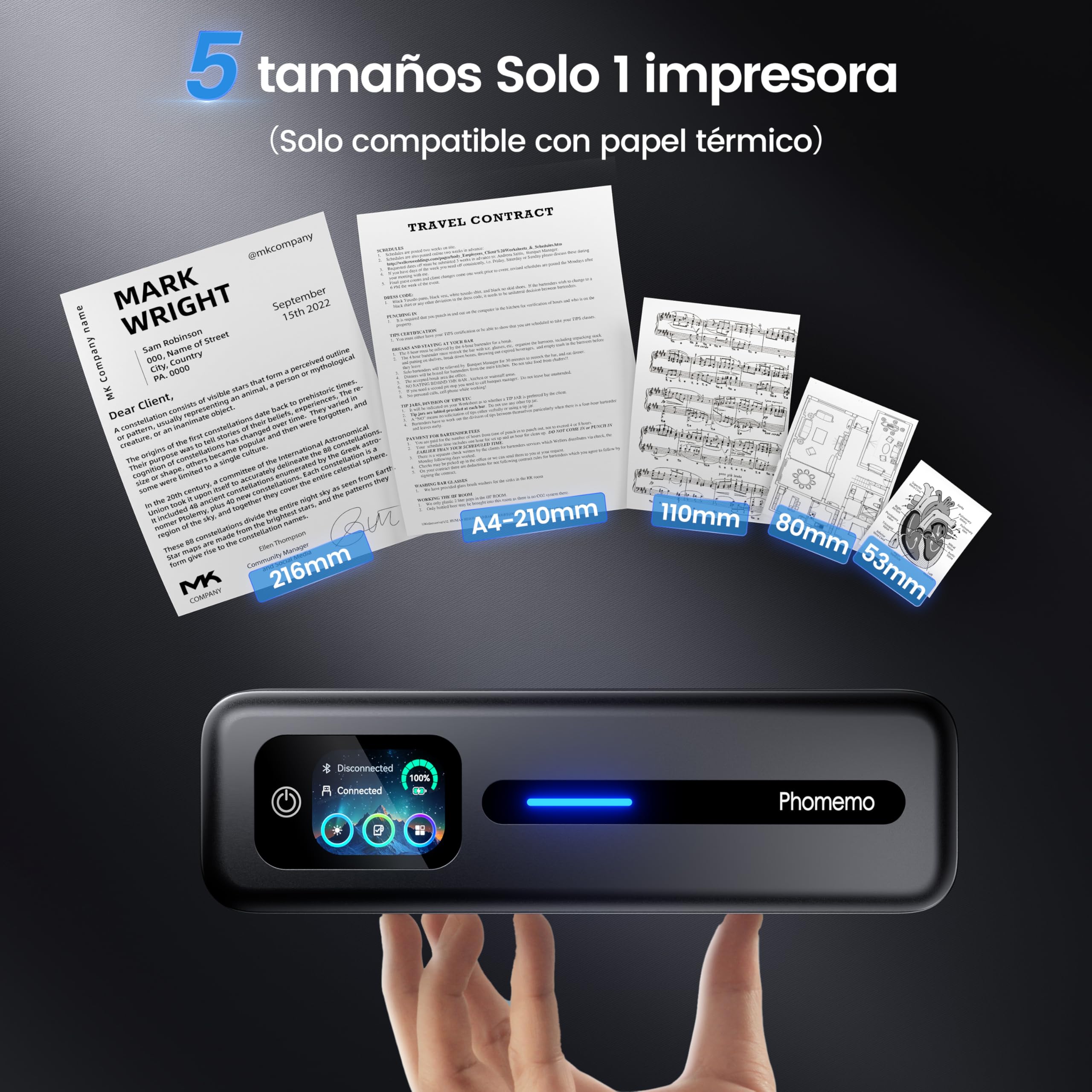 Phomemo M832D Impresora Termica A4, Impresora con Pantalla táctil y Bluetooth sin Tinta para casa y Oficina, impresoras móviles de 300 dpi Compatible con iOS y Android, teléfono y portátil