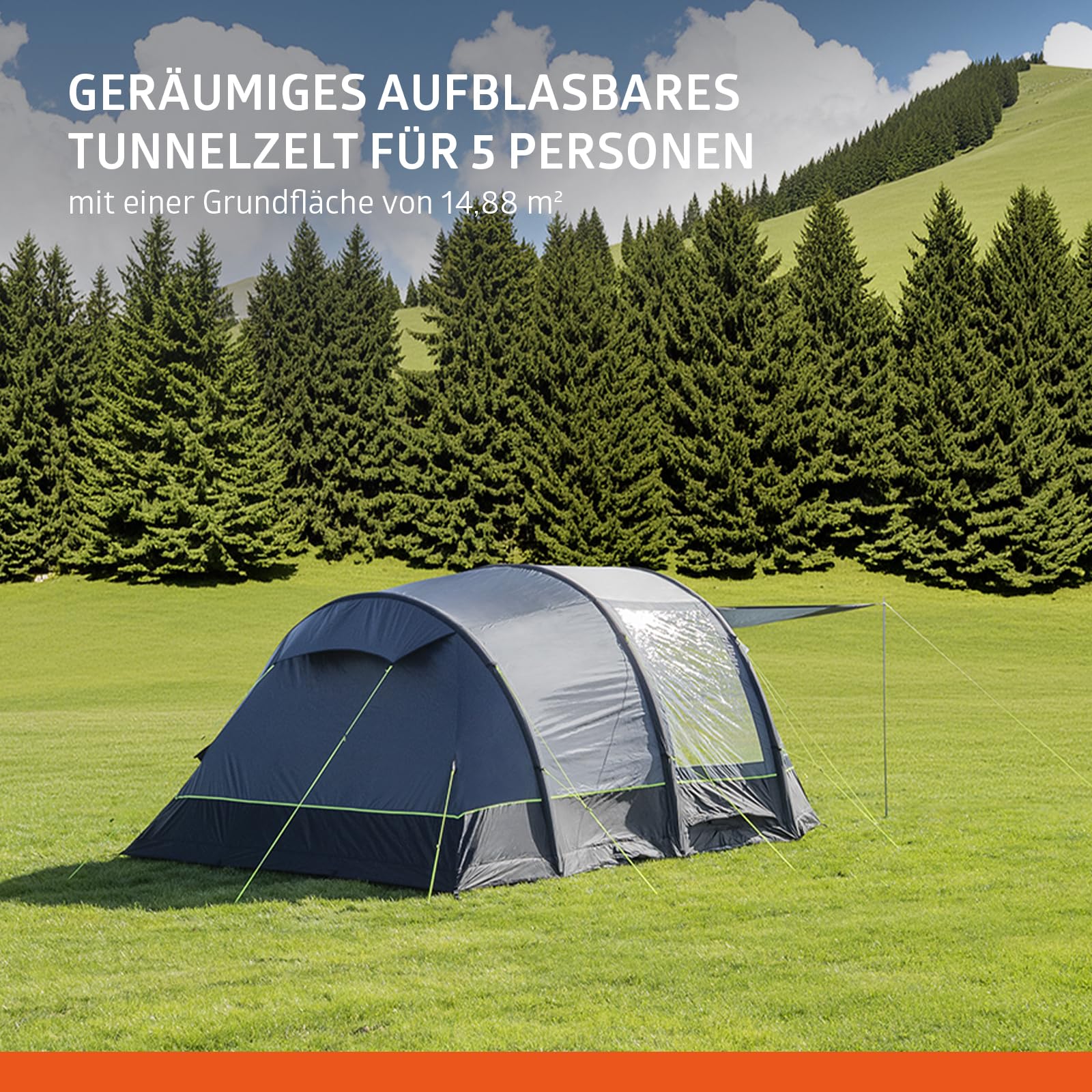 Campout Aufblasbares Tunnelzelt - Familienzelt - Luftzelt - Wasserdicht mit 5000 mm - Inklusive Pumpe, Bodenplane und vordach