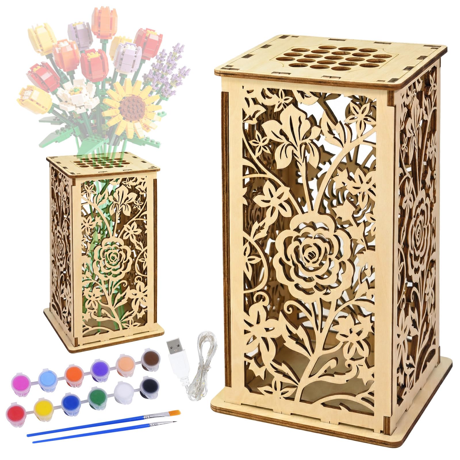 Wooden Vase for Lego Flowers - Display Stand for Lego Flower Bouquet with LED light/Acrylic Paint,Puzzle Vases Cool Artistic Carving Vase with Hollow Pattern for Flowers Lovers Roses Sunflowers Tulips