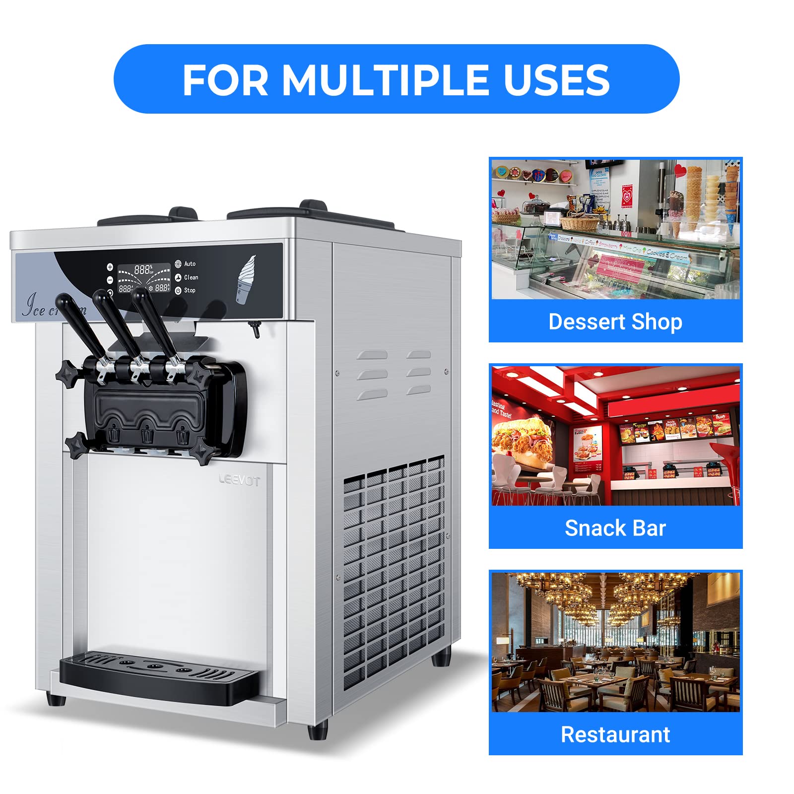 LEEVOT Gelatiera Elettrica Professionale per Gelati, macchina per gelato commerciale 25L/H con compressore di auto-raffreddamento, 12L, pronto in 3-5min, acciaio inox, 1650W, da banco