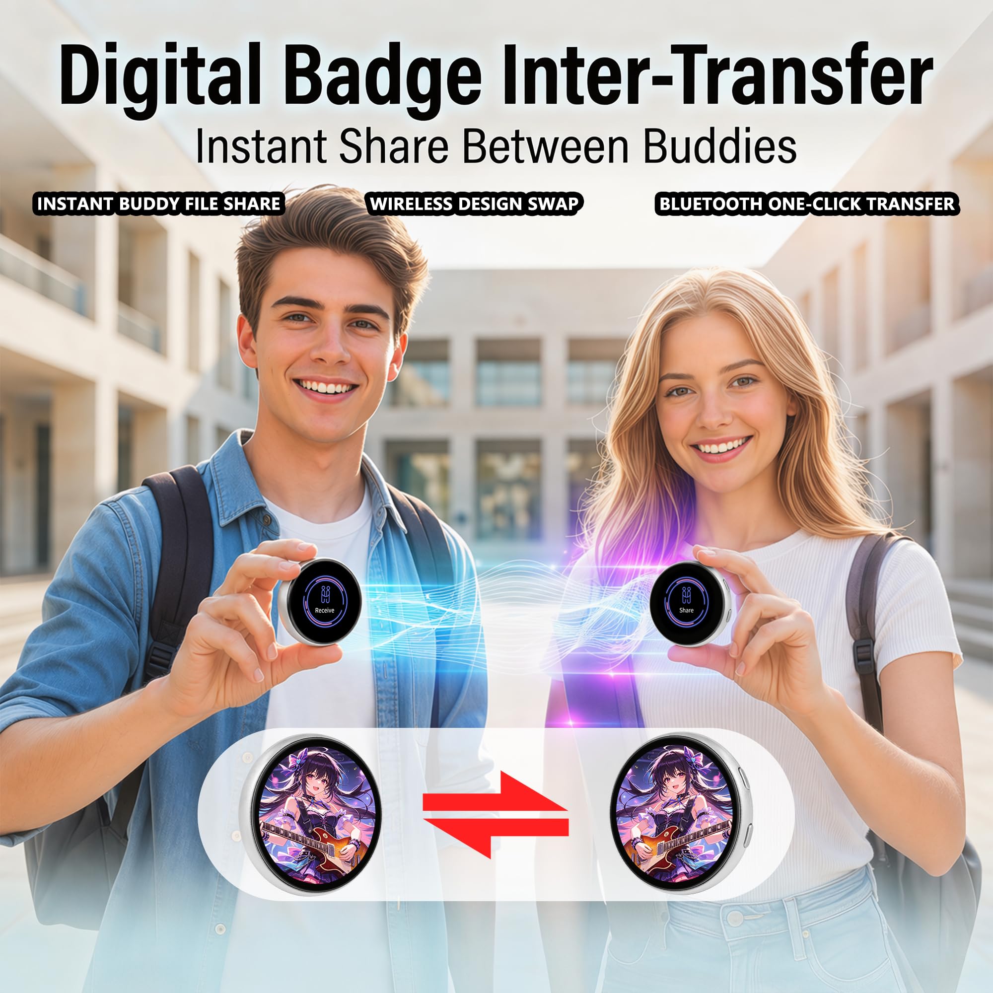 NISUNS Badge à écran tactile numérique LED avec fixation magnétique | Badge électronique lumineux avec affichage GIF/vidéo personnalisé, idéal pour Cosplay, Ita Bags et Anime Cons.