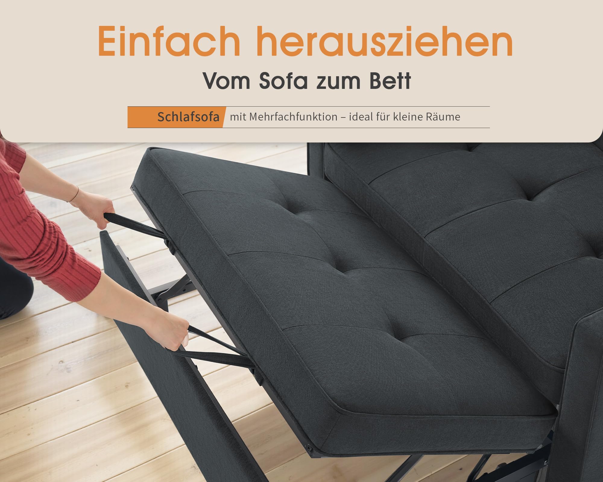 LUXOAK Schlafsofa 186 x 122 cm mit 5-stufig Verstellbarer Rückenlehne, 3-in-1 Schlafcouch mit Kissen und Seitentasche, graues Leinen-Sofa für Gästezimmer & kleine Räume