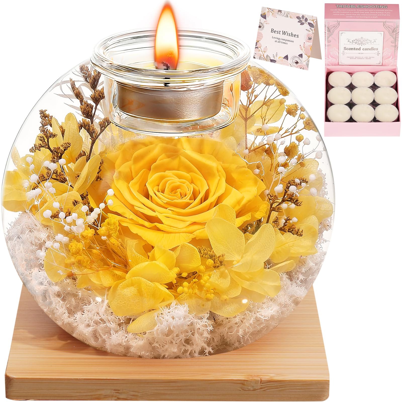 Eternal Preserved Real Rose, Glass Dome Gift Set with 18 Scented Candles (9 Jasmine,9 Vanilla), Mother's Day Valentine Christmas Birthday Gift for Women Mom Girlfriend Wife Home Decor (Yellow)