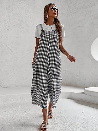 Miniatura 6 de Floerns Overol de mujer con estampado de cuadros y cintura alta y pierna ancha